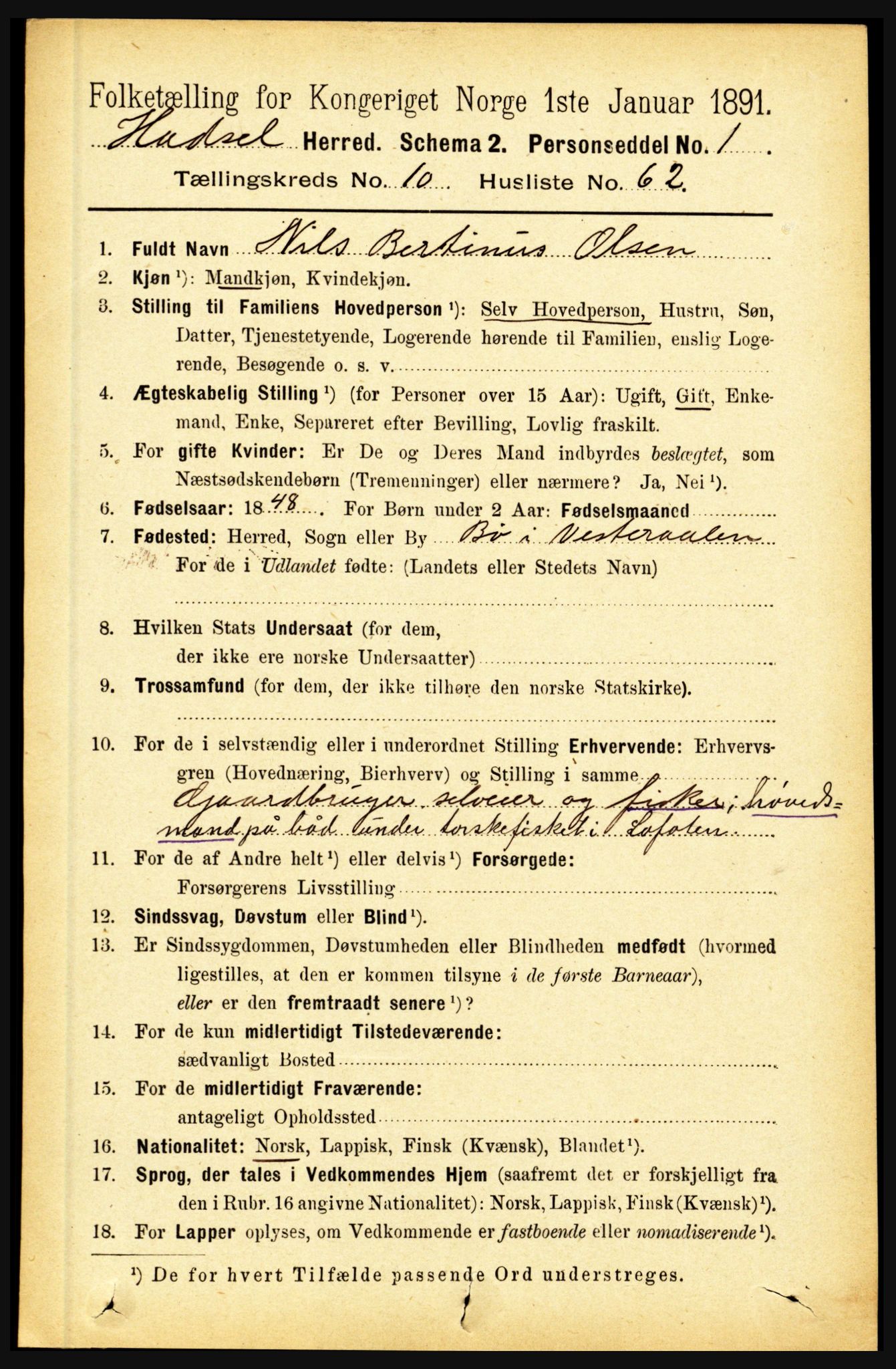 RA, 1891 census for 1866 Hadsel, 1891, p. 4600