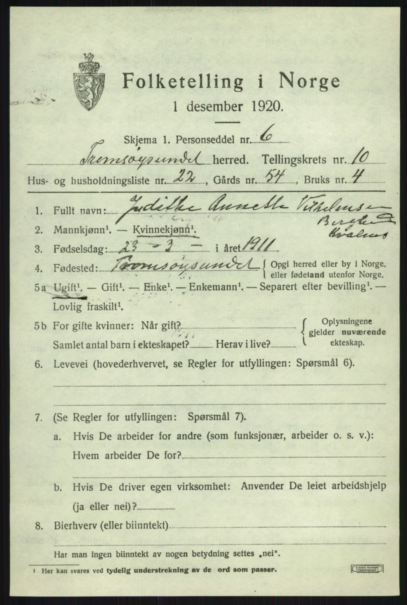 SATØ, 1920 census for Tromsøysund, 1920, p. 7234