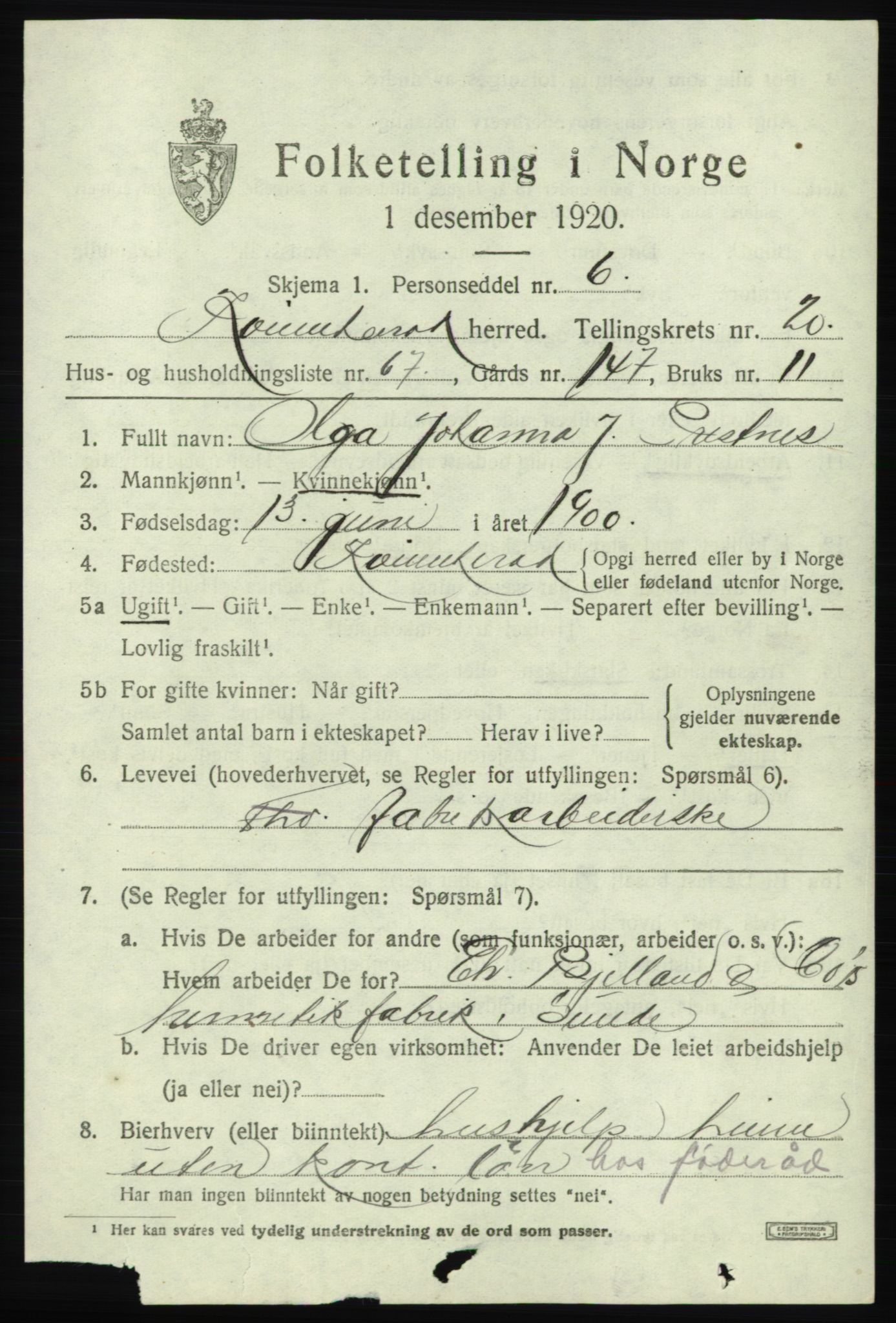 SAB, 1920 census for Kvinnherad, 1920, p. 13262