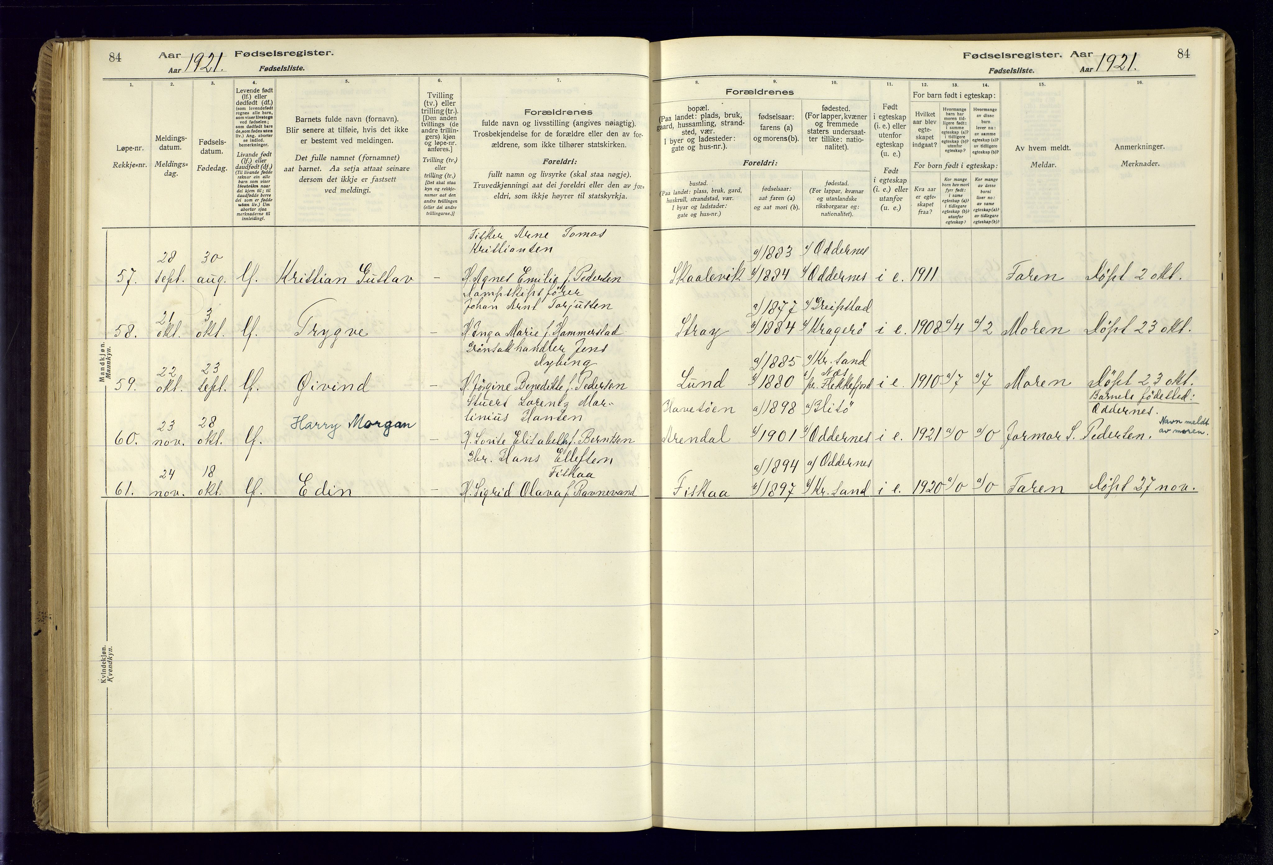 Oddernes sokneprestkontor, AV/SAK-1111-0033/J/Ja/L0001: Birth register no. 1, 1916-1935, p. 84