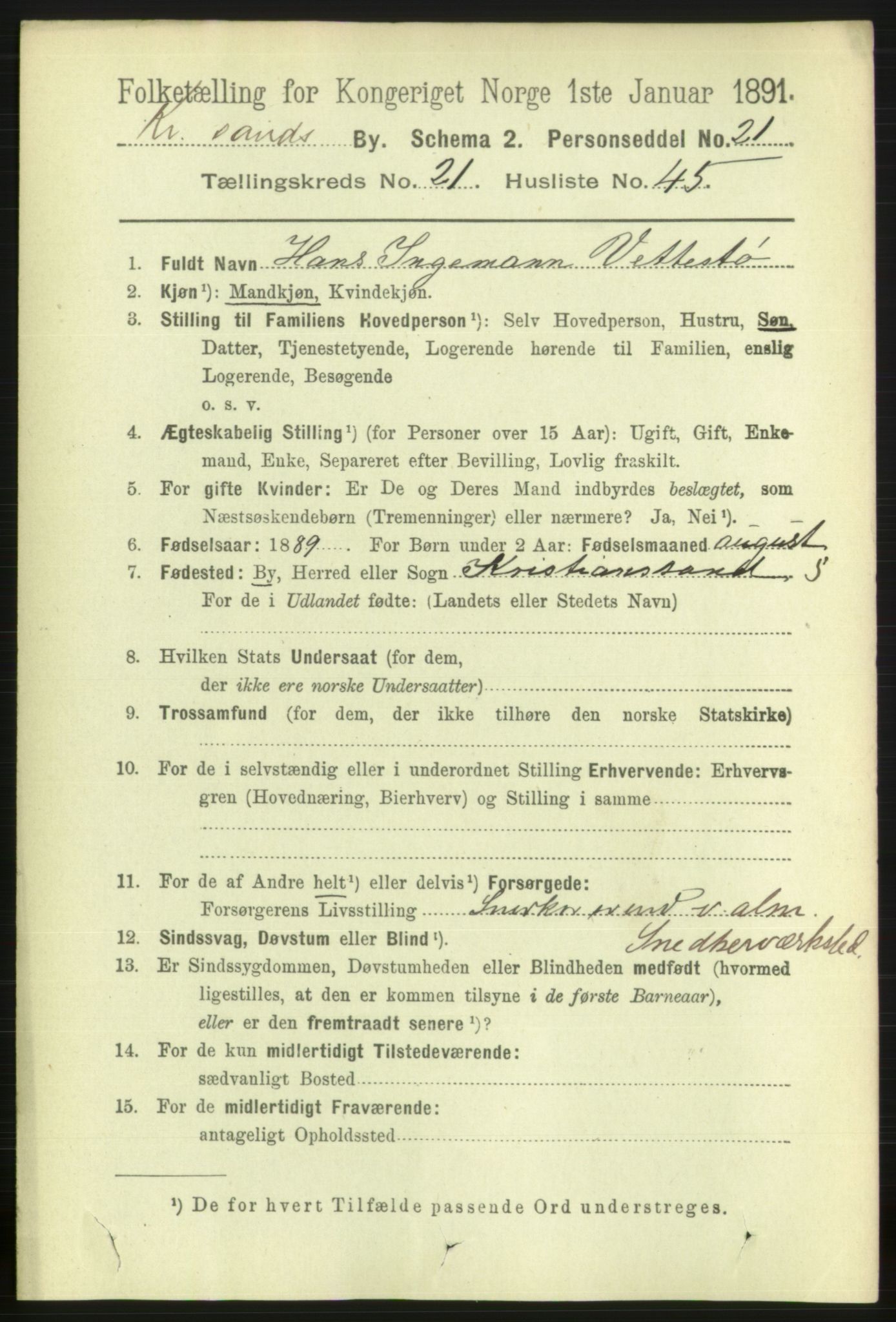 RA, 1891 census for 1001 Kristiansand, 1891, p. 8260