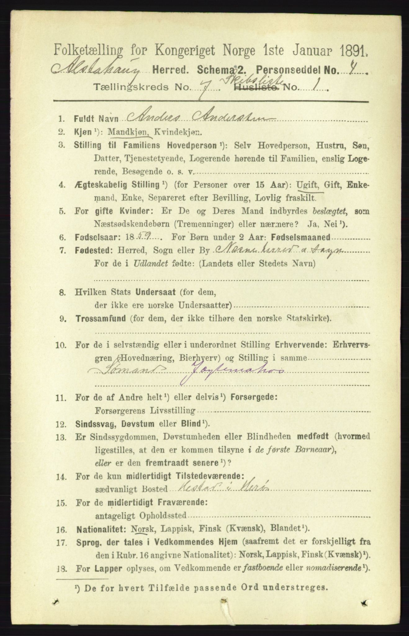 RA, 1891 census for 1820 Alstahaug, 1891, p. 5255