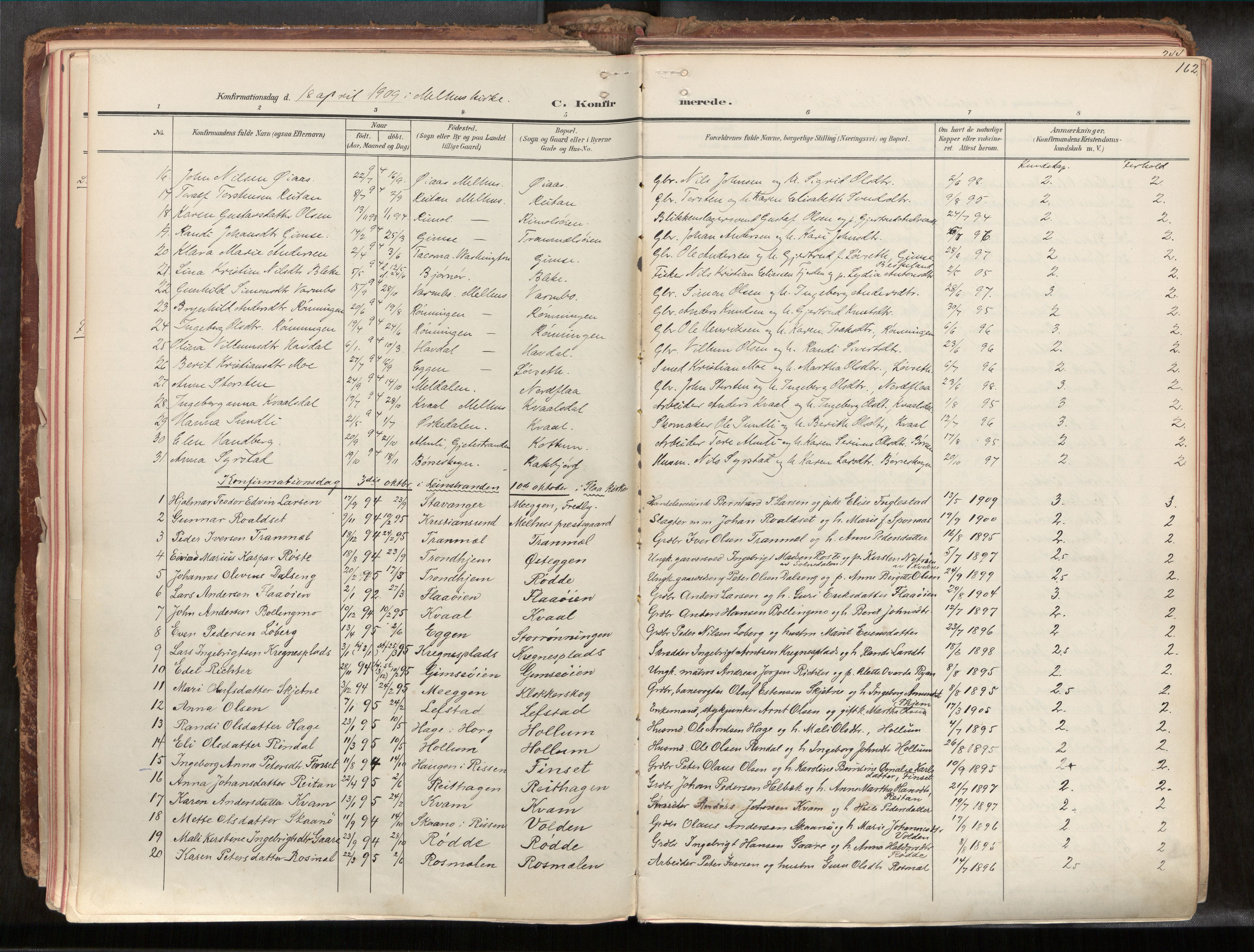 Ministerialprotokoller, klokkerbøker og fødselsregistre - Sør-Trøndelag, SAT/A-1456/691/L1085b: Parish register (official) no. 691A18, 1908-1930, p. 162