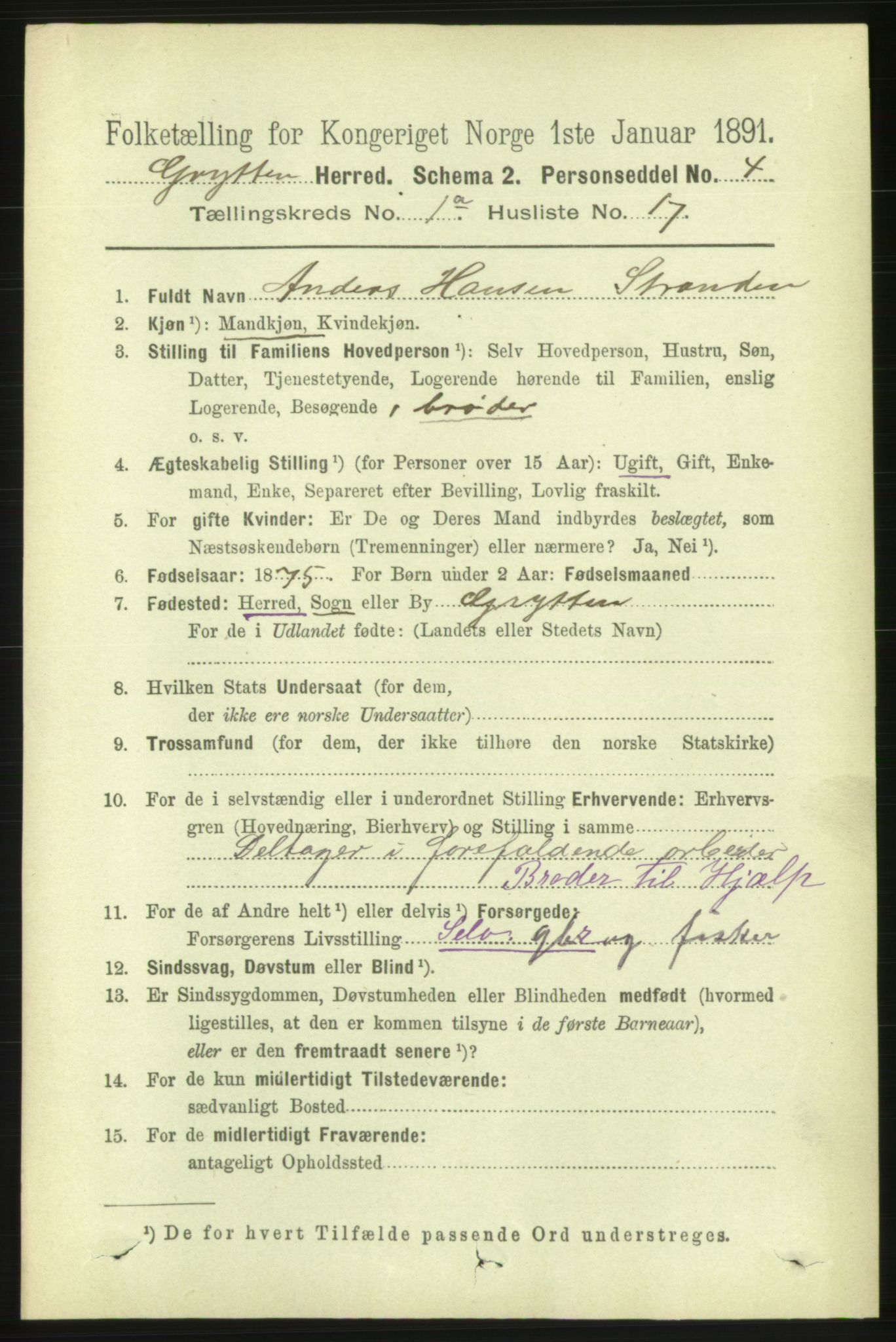 RA, 1891 census for 1539 Grytten, 1891, p. 156