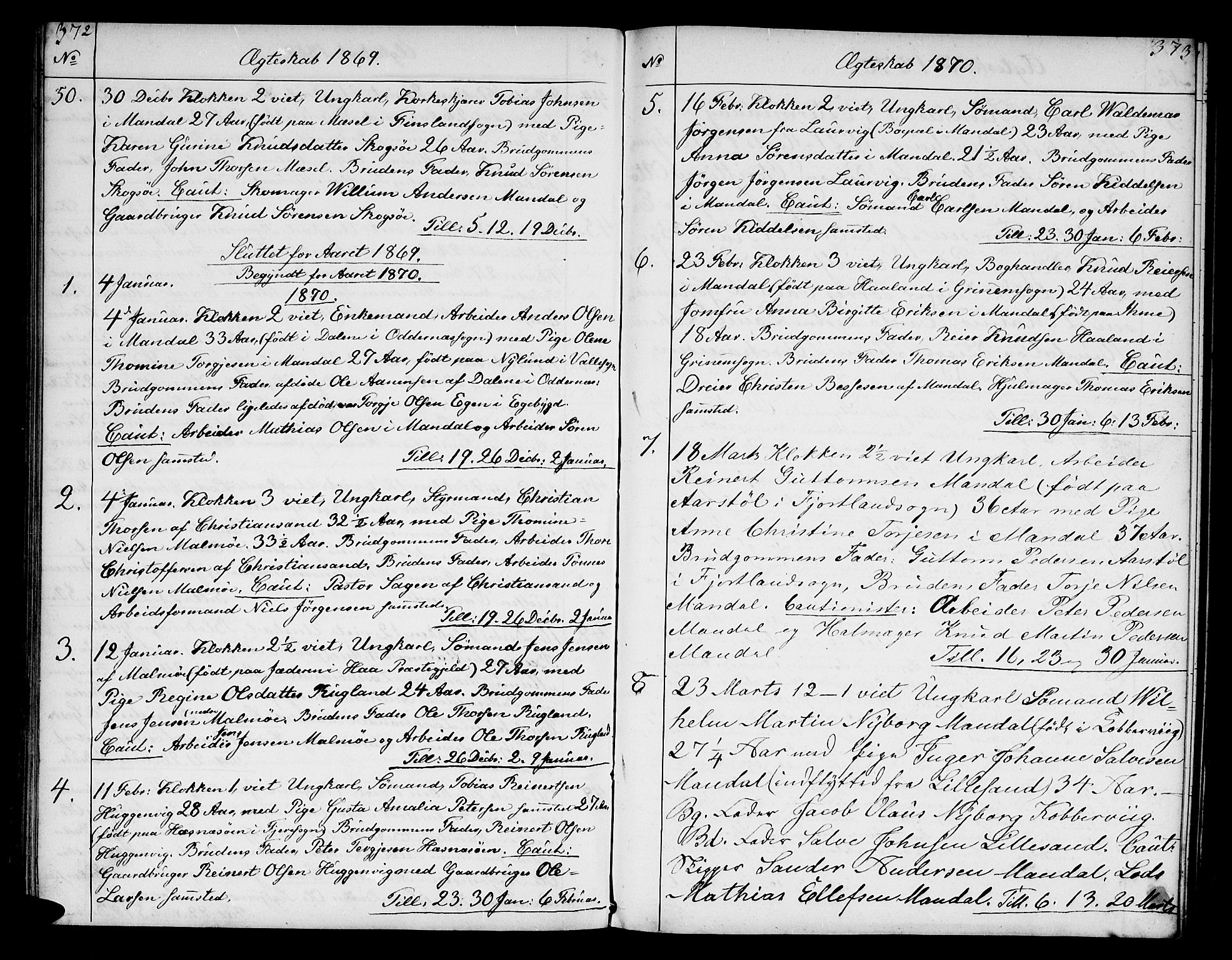 Mandal sokneprestkontor, SAK/1111-0030/F/Fb/Fba/L0009: Parish register (copy) no. B 3, 1867-1877, p. 372-373