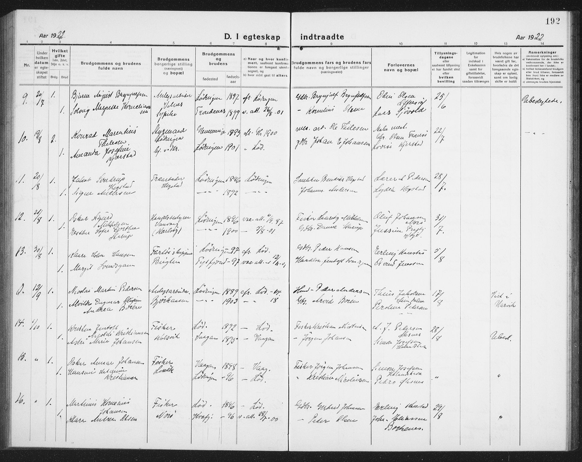 Ministerialprotokoller, klokkerbøker og fødselsregistre - Nordland, AV/SAT-A-1459/872/L1049: Parish register (copy) no. 872C05, 1920-1938, p. 192