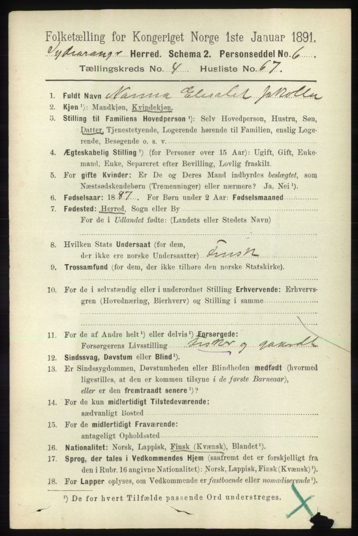 RA, 1891 census for 2030 Sør-Varanger, 1891, p. 1516