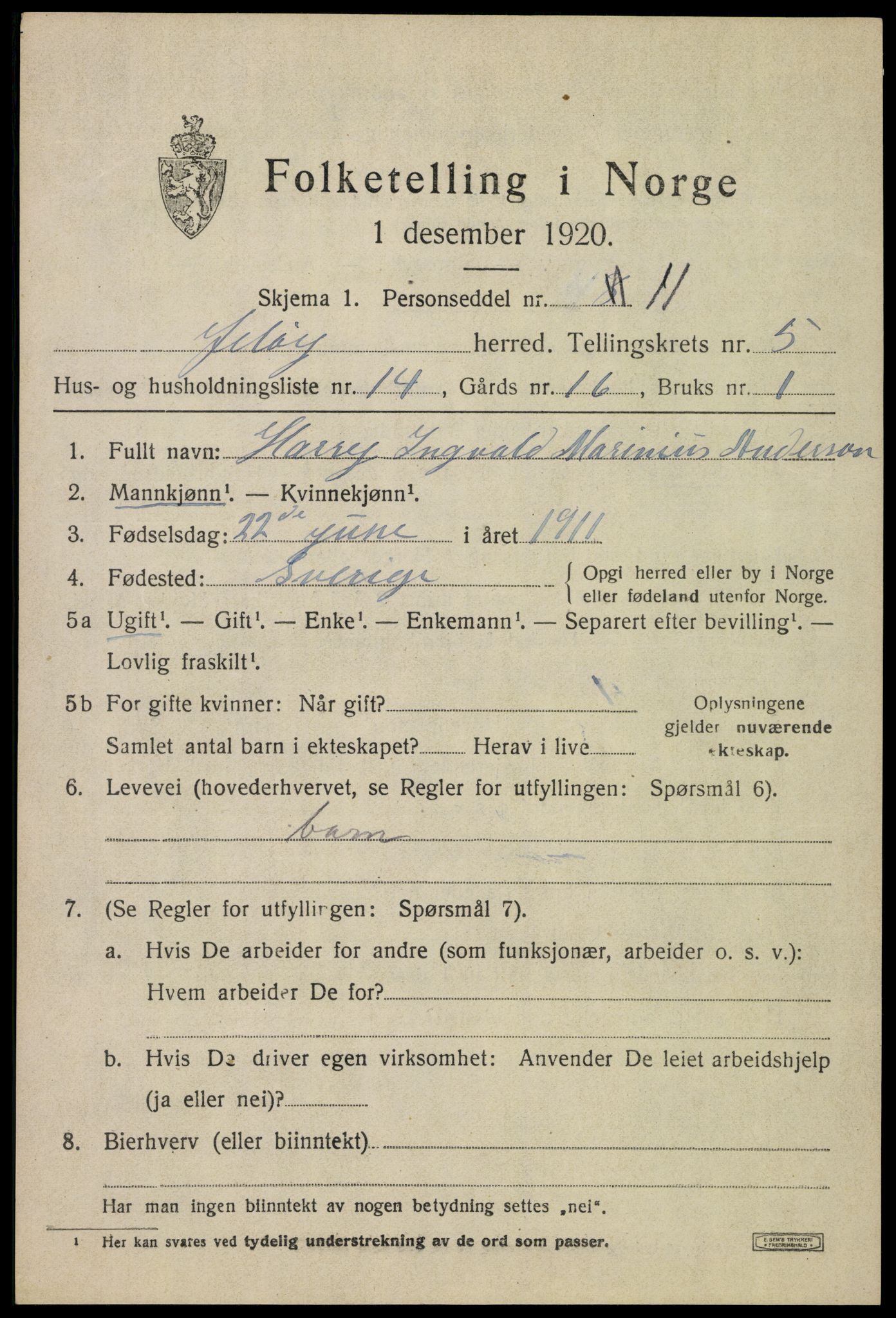 SAO, 1920 census for Moss land district, 1920, p. 6415