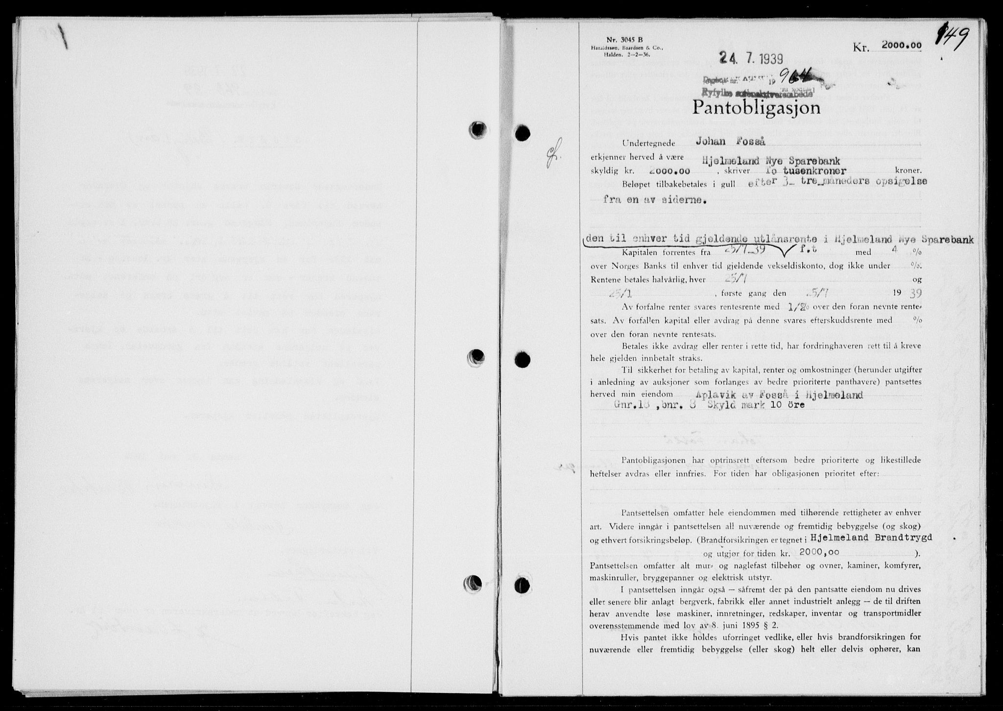 Ryfylke tingrett, SAST/A-100055/001/II/IIB/L0080: Mortgage book no. 59, 1939-1939, Diary no: : 964/1939