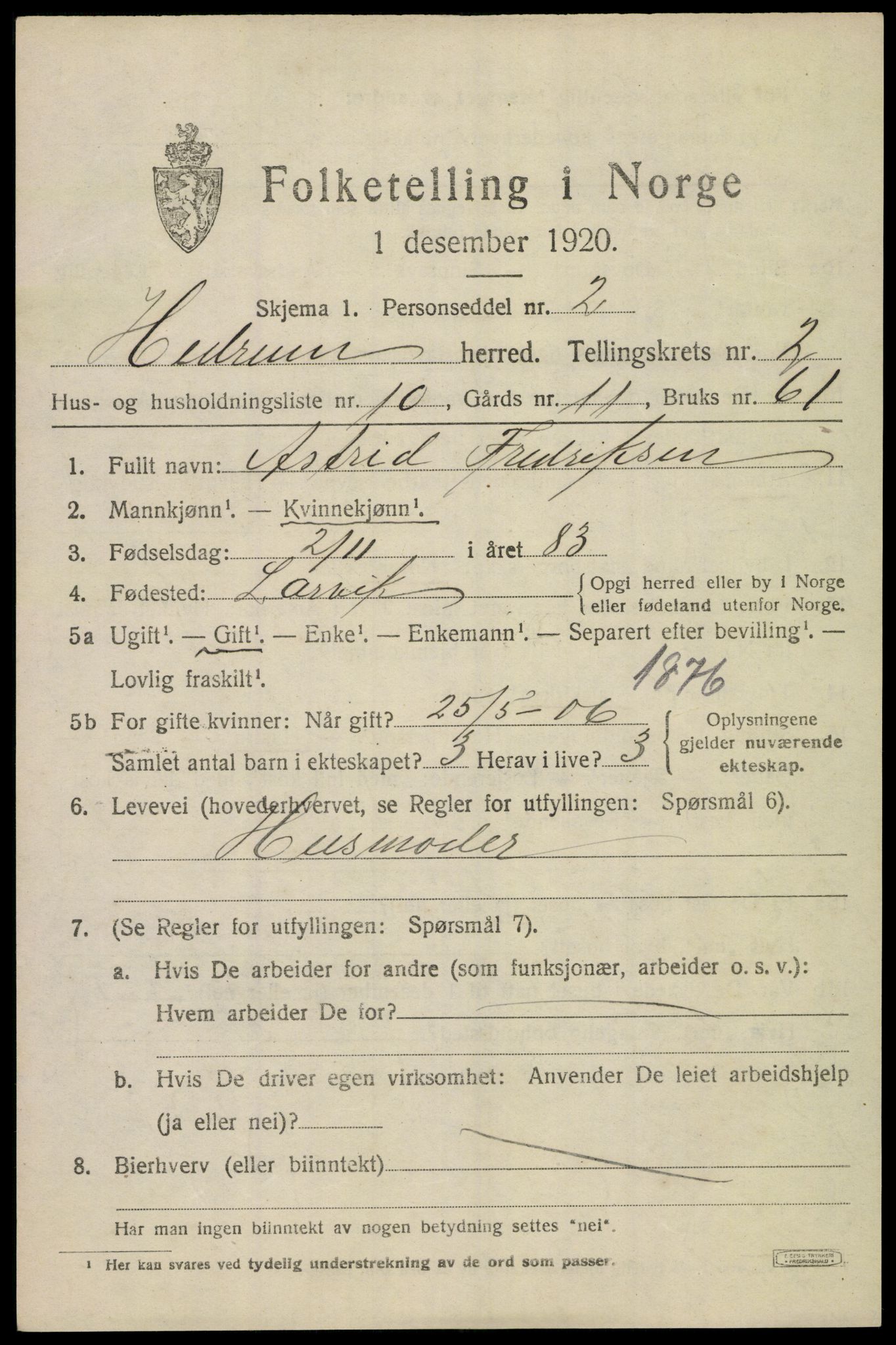 SAKO, 1920 census for Hedrum, 1920, p. 2521