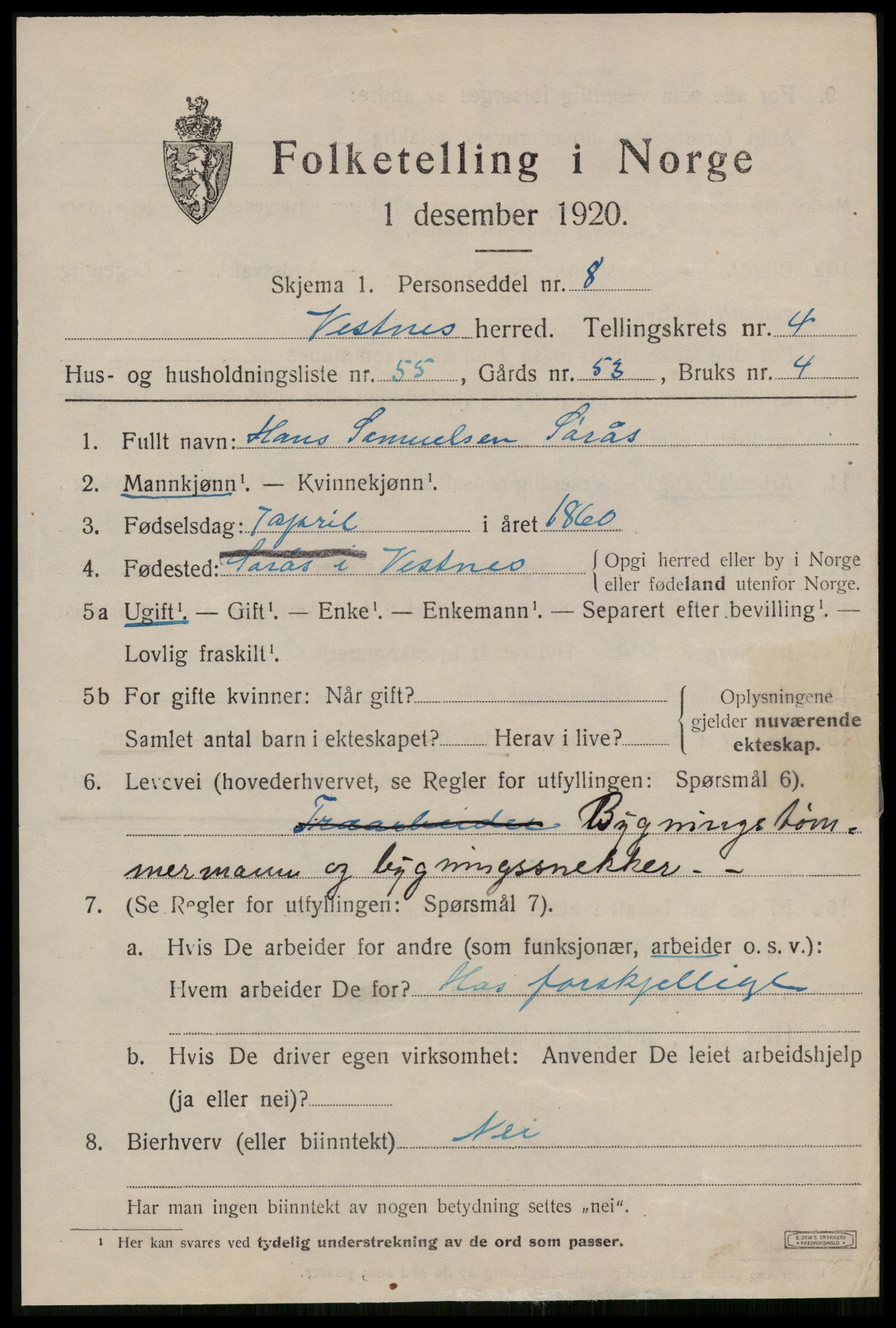 SAT, 1920 census for Vestnes, 1920, p. 3927