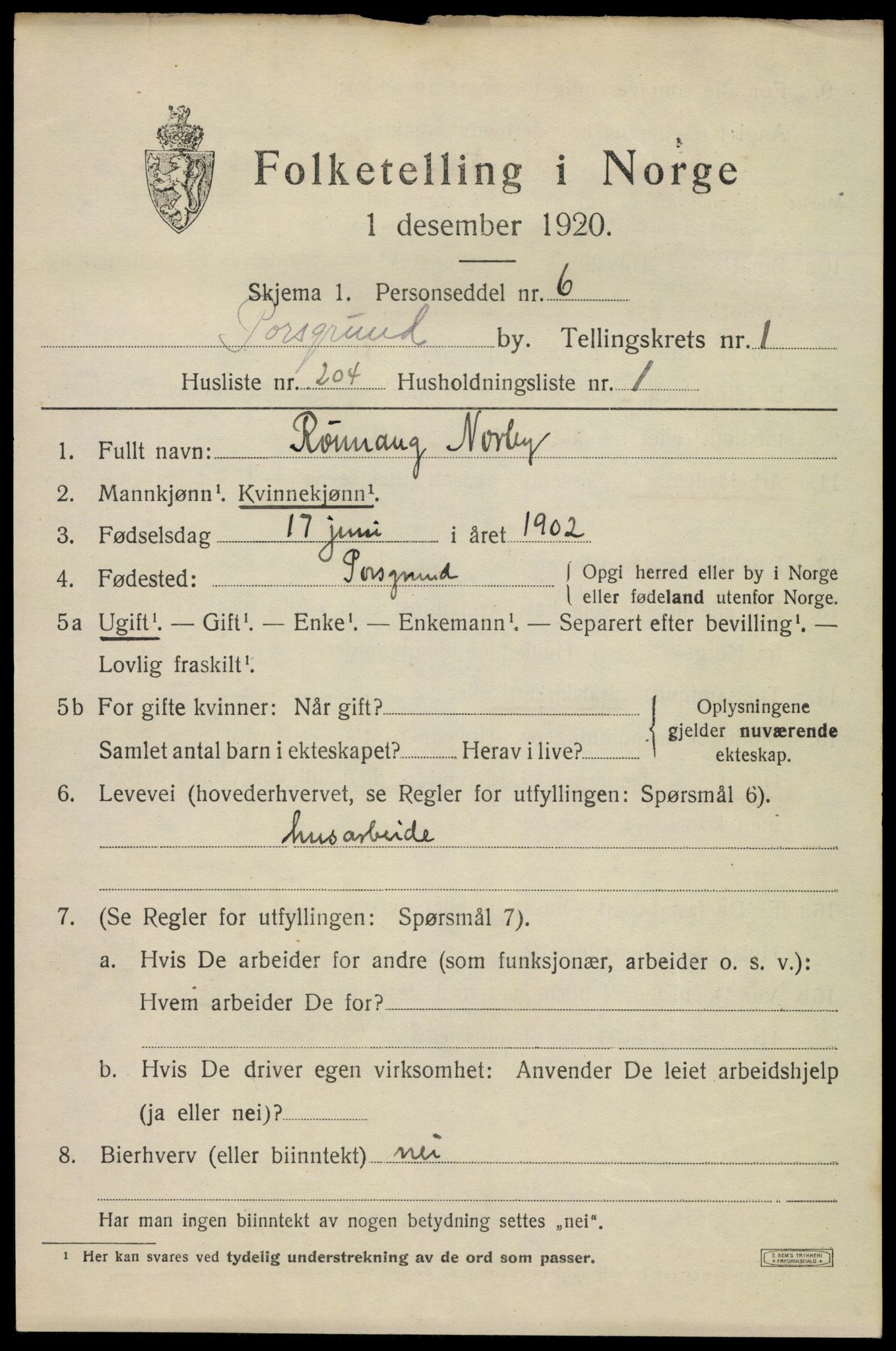 SAKO, 1920 census for Porsgrunn, 1920, p. 9459