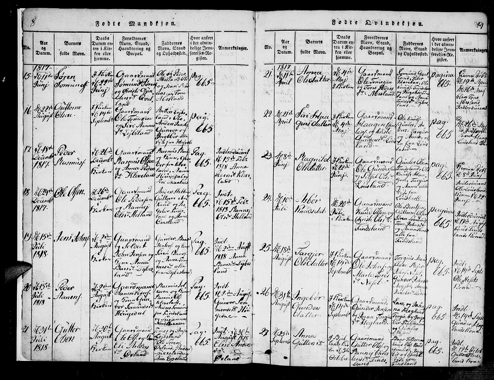 Bjelland sokneprestkontor, AV/SAK-1111-0005/F/Fa/Fab/L0002: Parish register (official) no. A 2, 1816-1869, p. 8-9