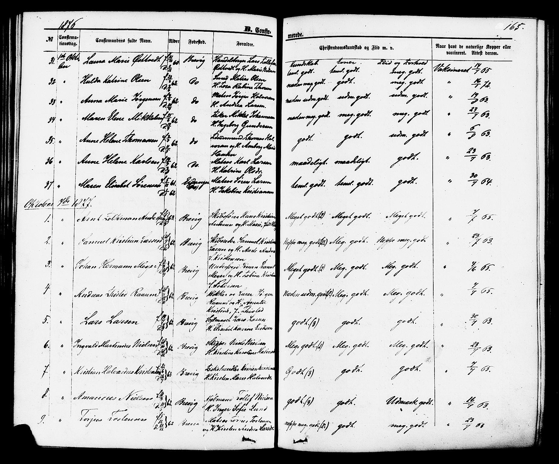 Brevik kirkebøker, AV/SAKO-A-255/F/Fa/L0006: Parish register (official) no. 6, 1866-1881, p. 165