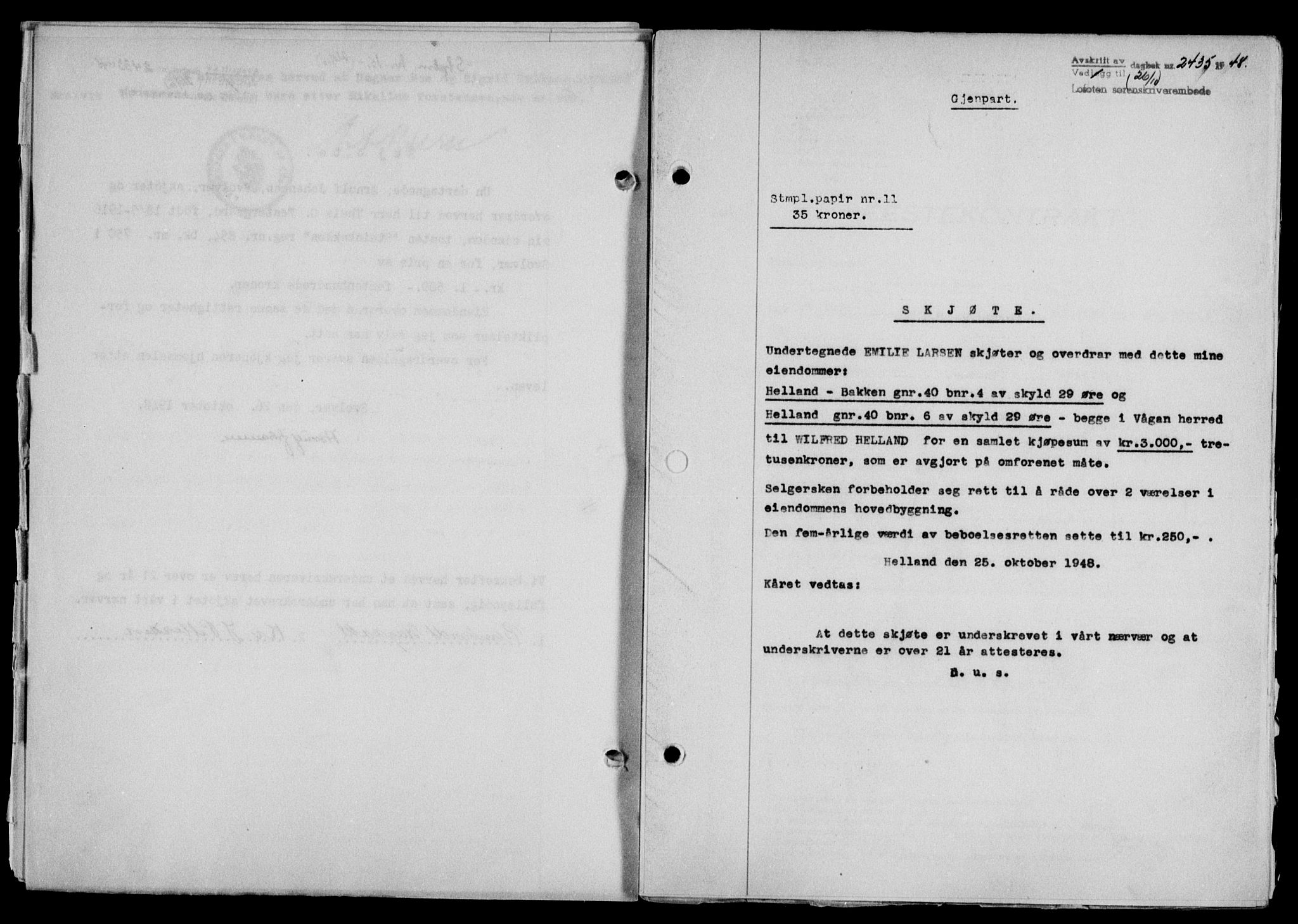 Lofoten sorenskriveri, SAT/A-0017/1/2/2C/L0019a: Mortgage book no. 19a, 1948-1948, Diary no: : 2435/1948