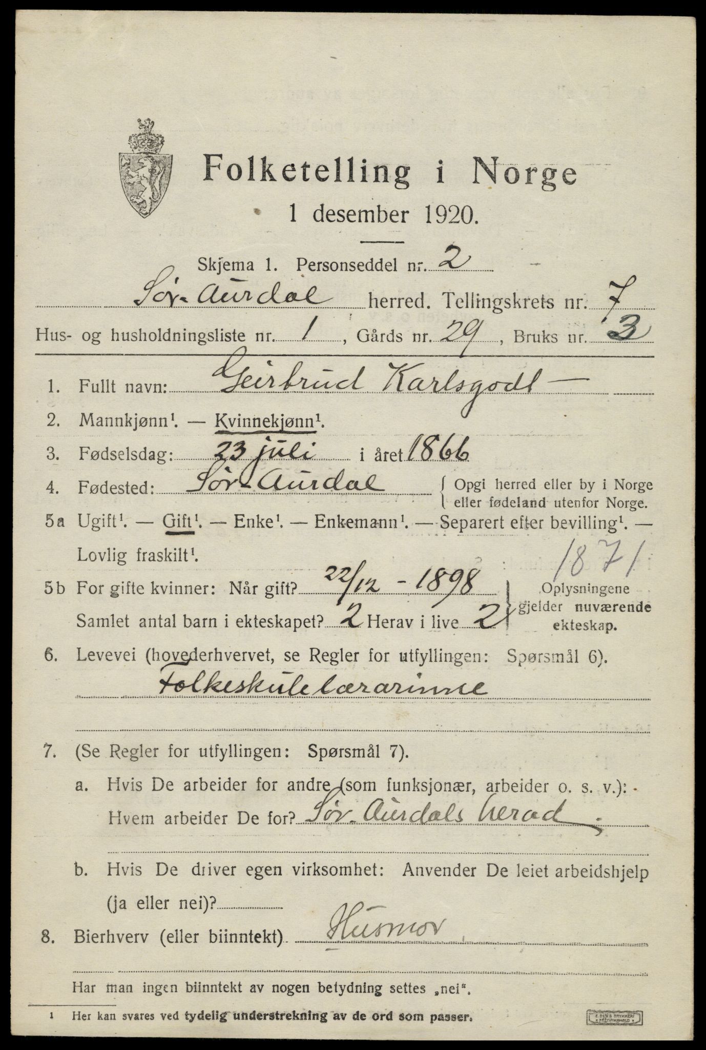 SAH, 1920 census for Sør-Aurdal, 1920, p. 3571