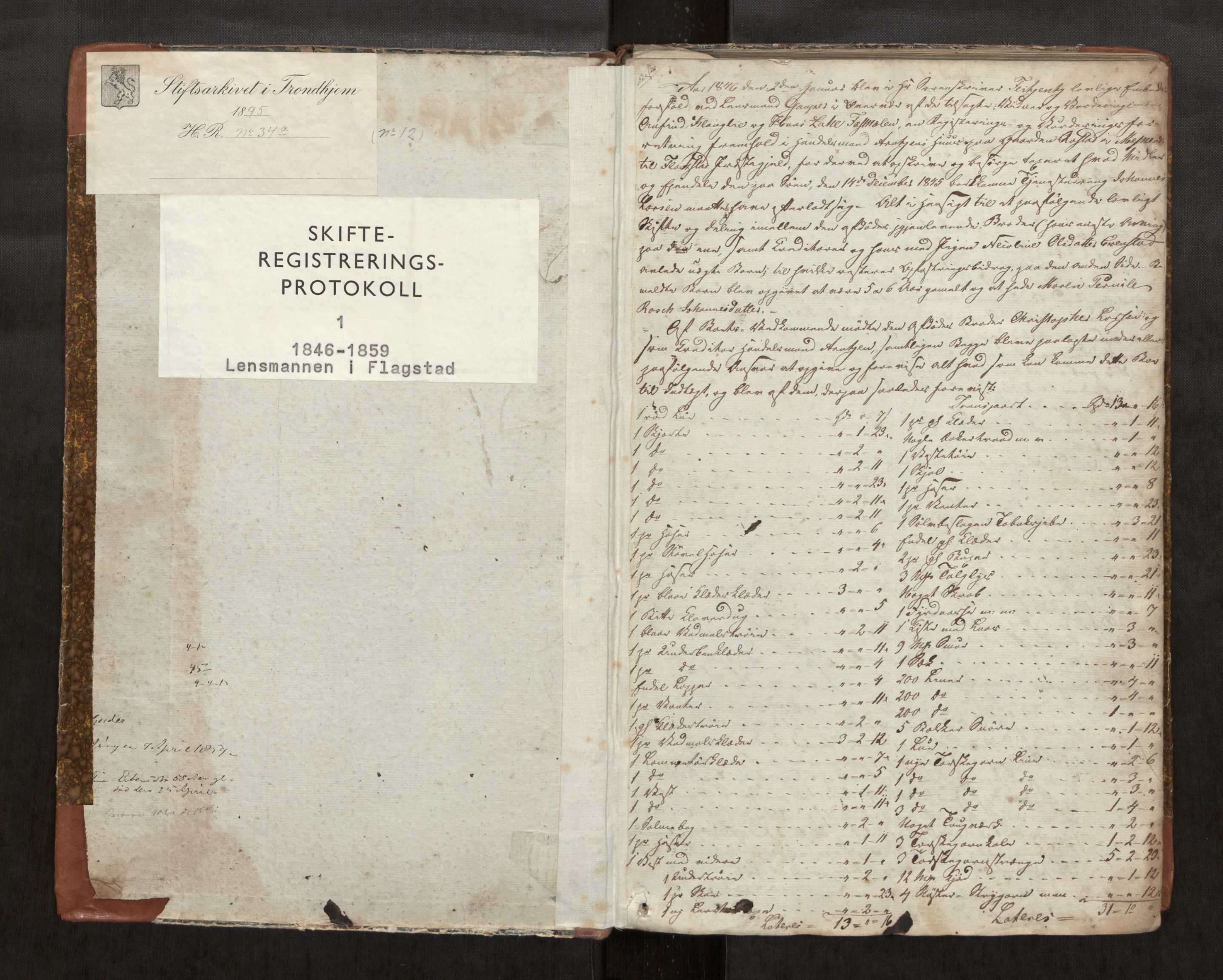 Vesterålen sorenskriveri, AV/SAT-A-4180/1/3/3C/L0001: Skifteregistreringsprotokoll, 1846-1859, p. 1