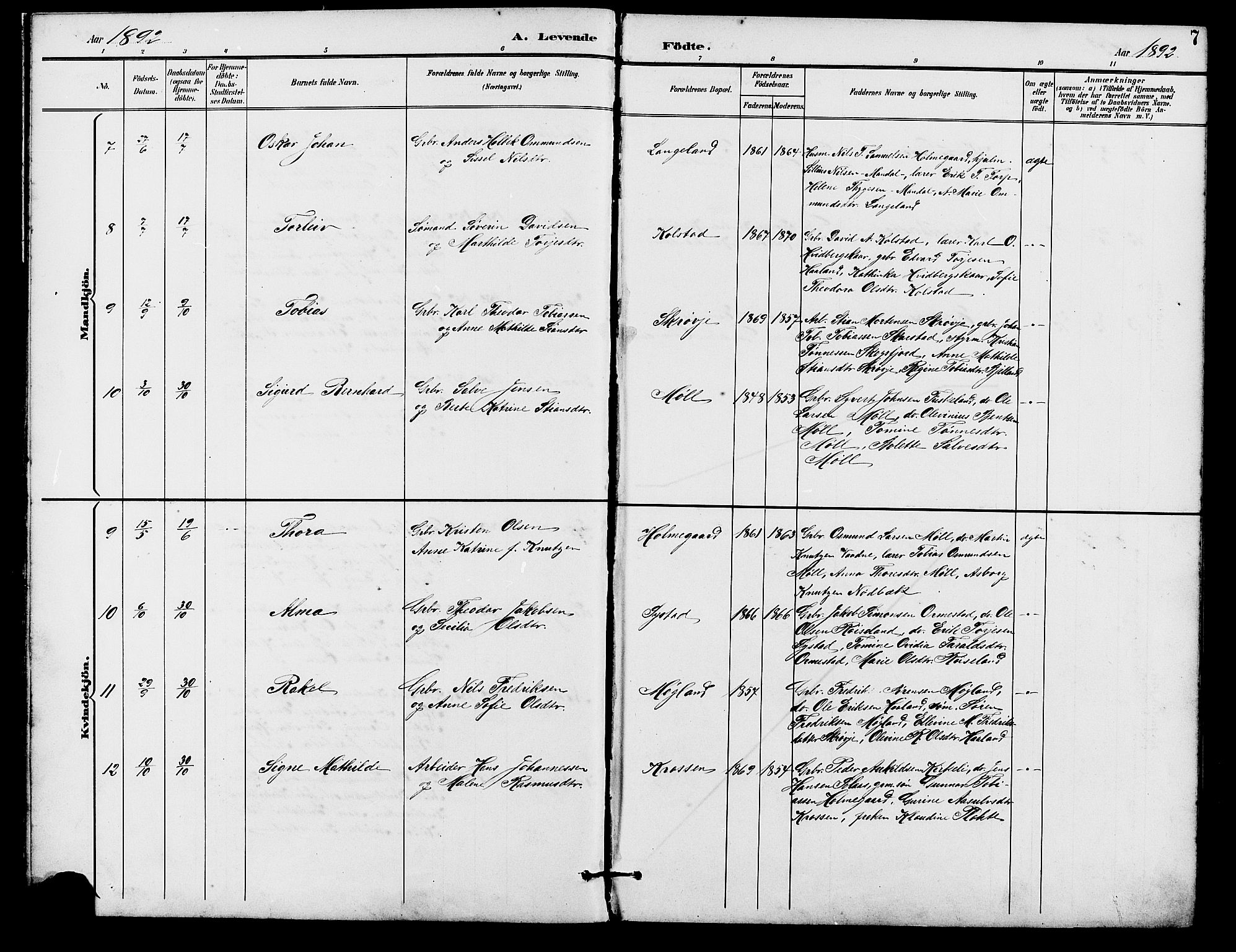 Holum sokneprestkontor, SAK/1111-0022/F/Fb/Fba/L0005: Parish register (copy) no. B 5, 1891-1909, p. 7