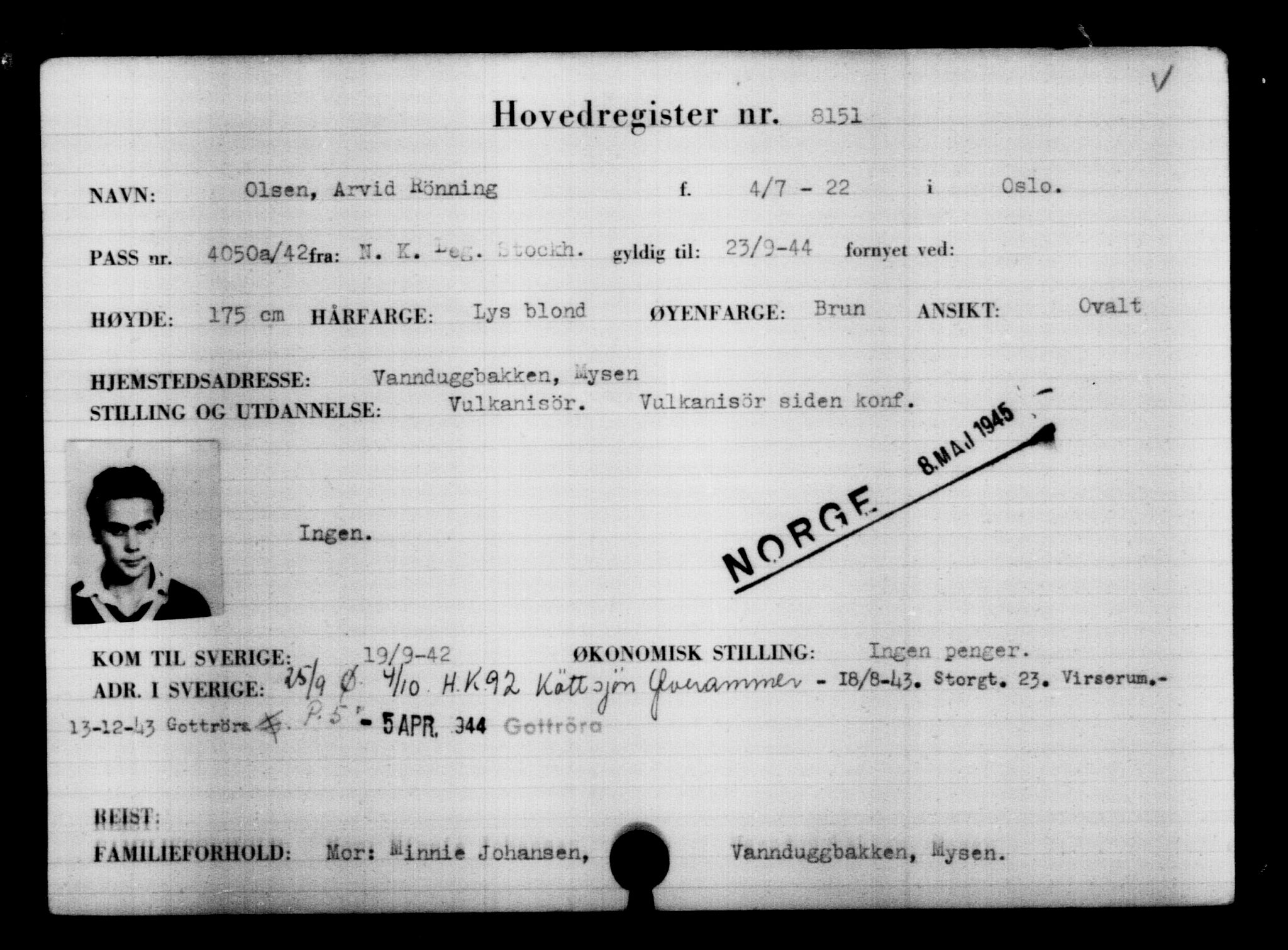 Utenriksstasjonene, Legasjonen i Stockholm, Flyktningkontoret, AV/RA-S-6753/V/Va/L0005: Kjesäterkartoteket, flyktninger med registreringsnr. 6600-9417, 1940-1945, p. 1812