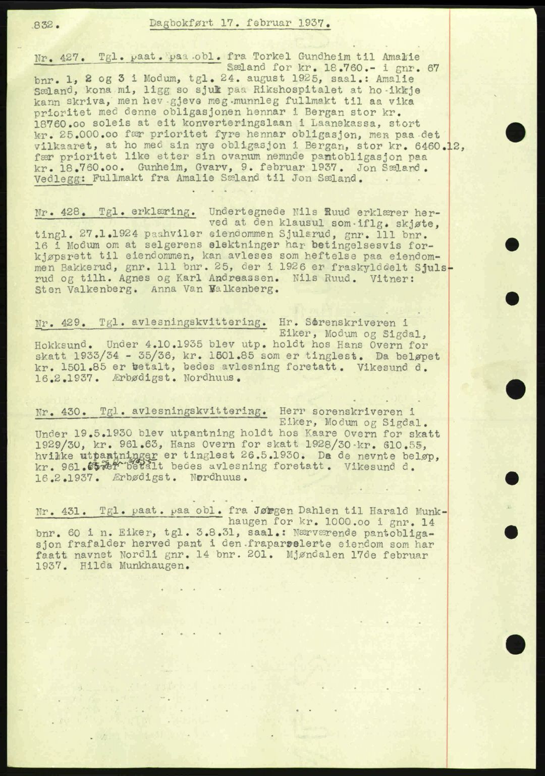 Eiker, Modum og Sigdal sorenskriveri, SAKO/A-123/G/Ga/Gab/L0034: Mortgage book no. A4, 1936-1937, Diary no: : 427/1937