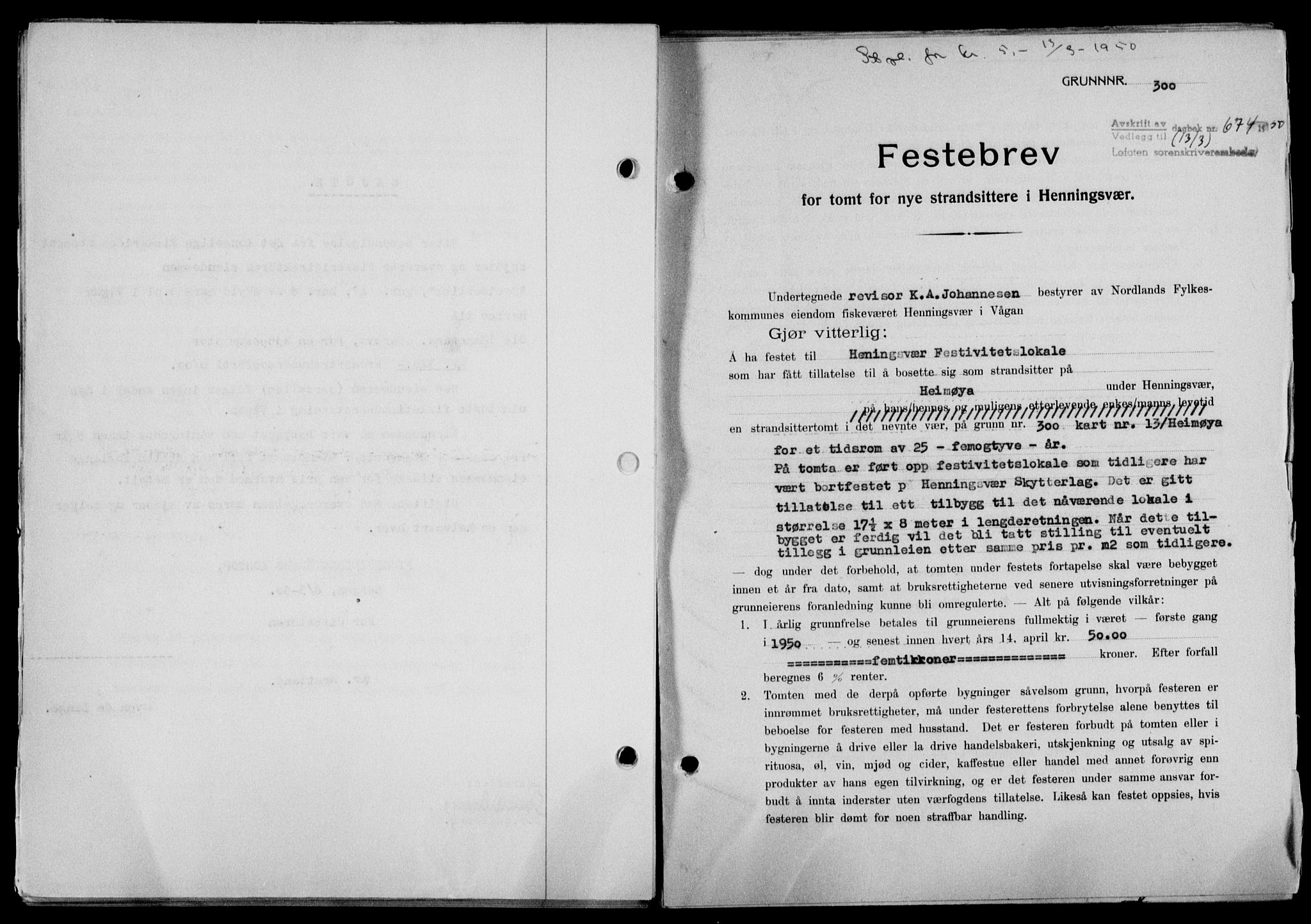 Lofoten sorenskriveri, SAT/A-0017/1/2/2C/L0023a: Mortgage book no. 23a, 1950-1950, Diary no: : 674/1950