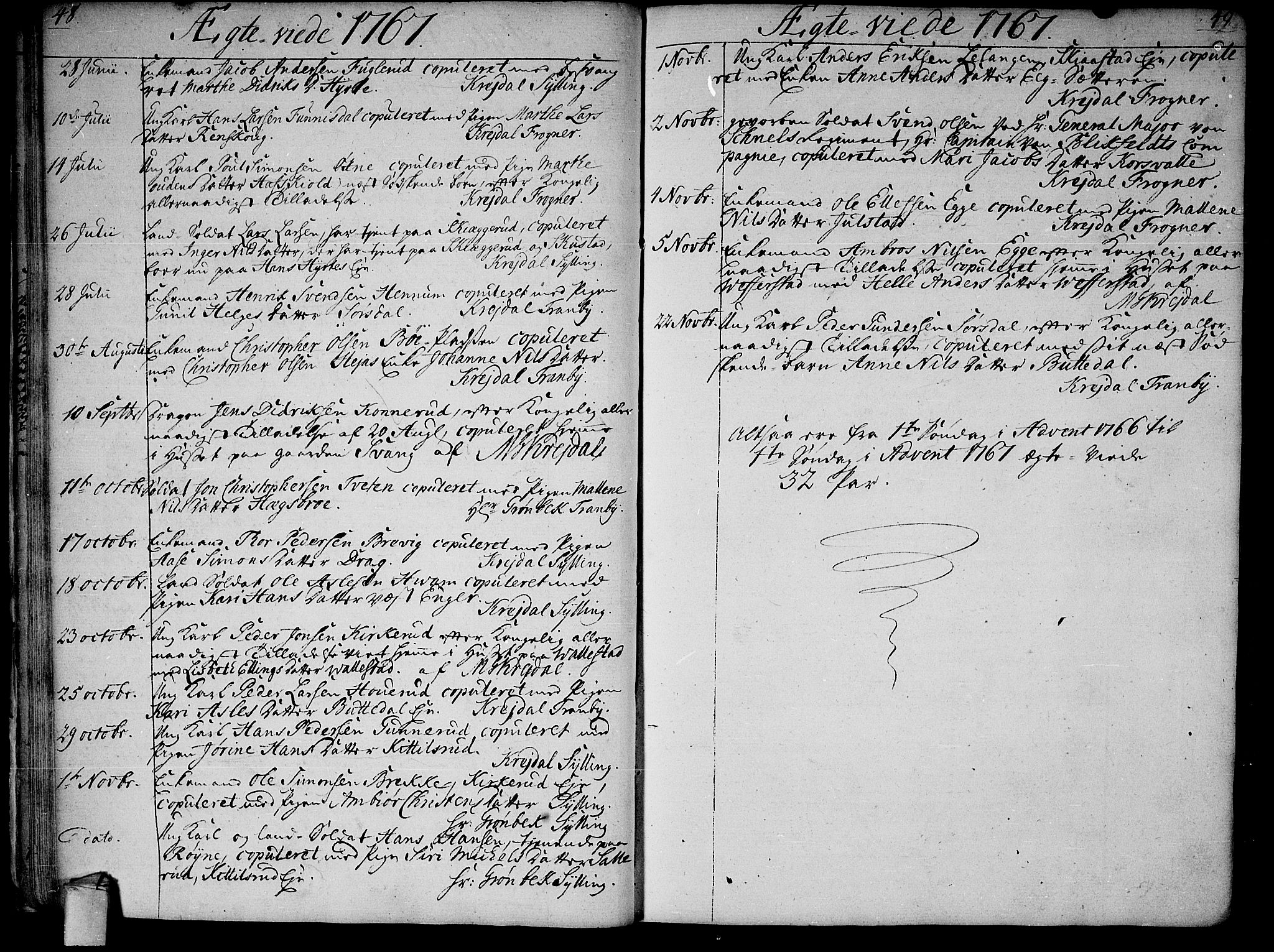 Lier kirkebøker, AV/SAKO-A-230/F/Fa/L0005: Parish register (official) no. I 5, 1764-1777, p. 48-49