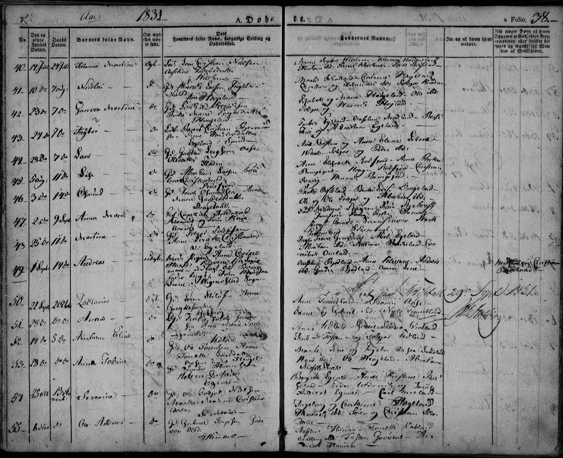 Lyngdal sokneprestkontor, AV/SAK-1111-0029/F/Fa/Fac/L0007: Parish register (official) no. A 7, 1825-1838, p. 38