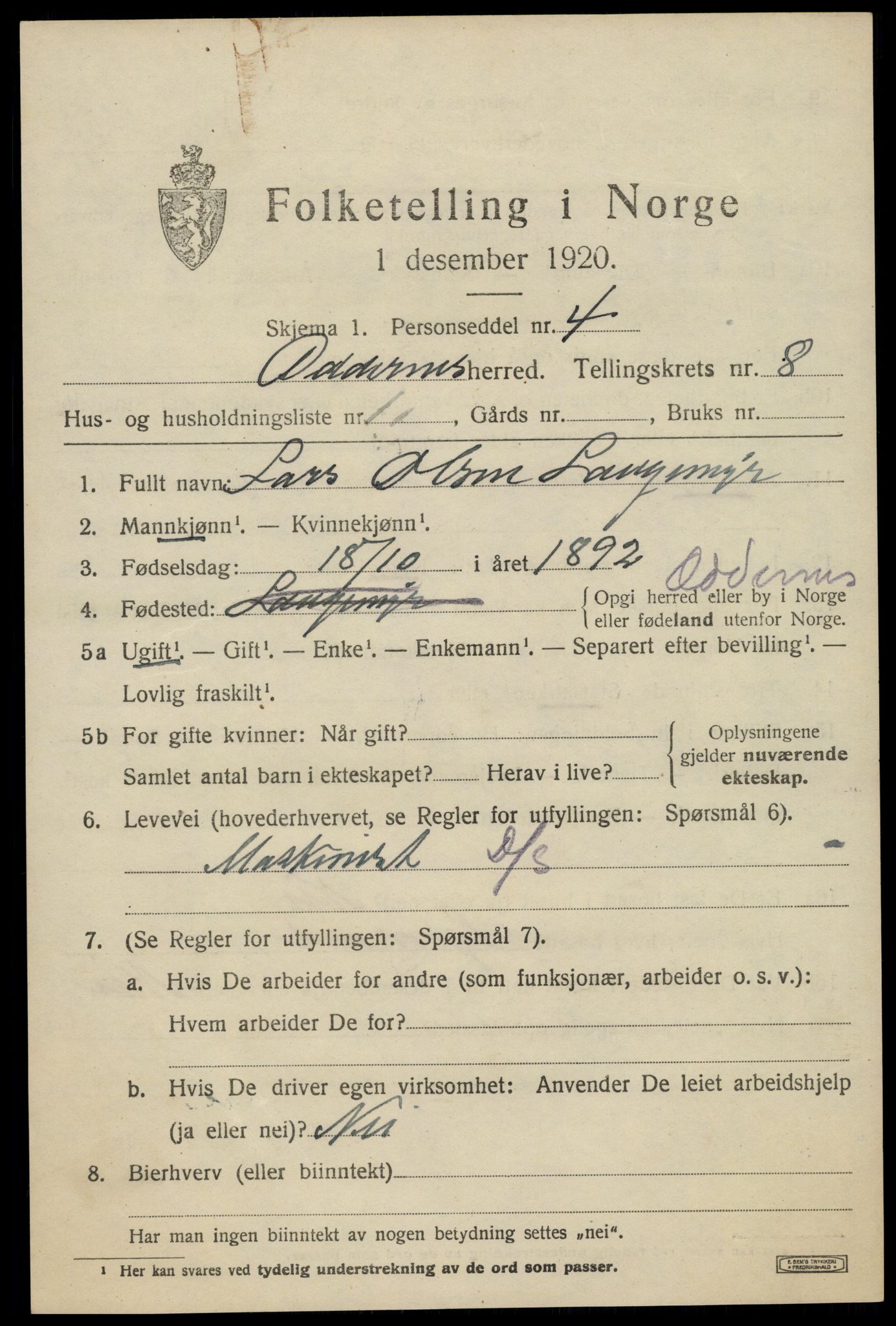 SAK, 1920 census for Oddernes, 1920, p. 5573