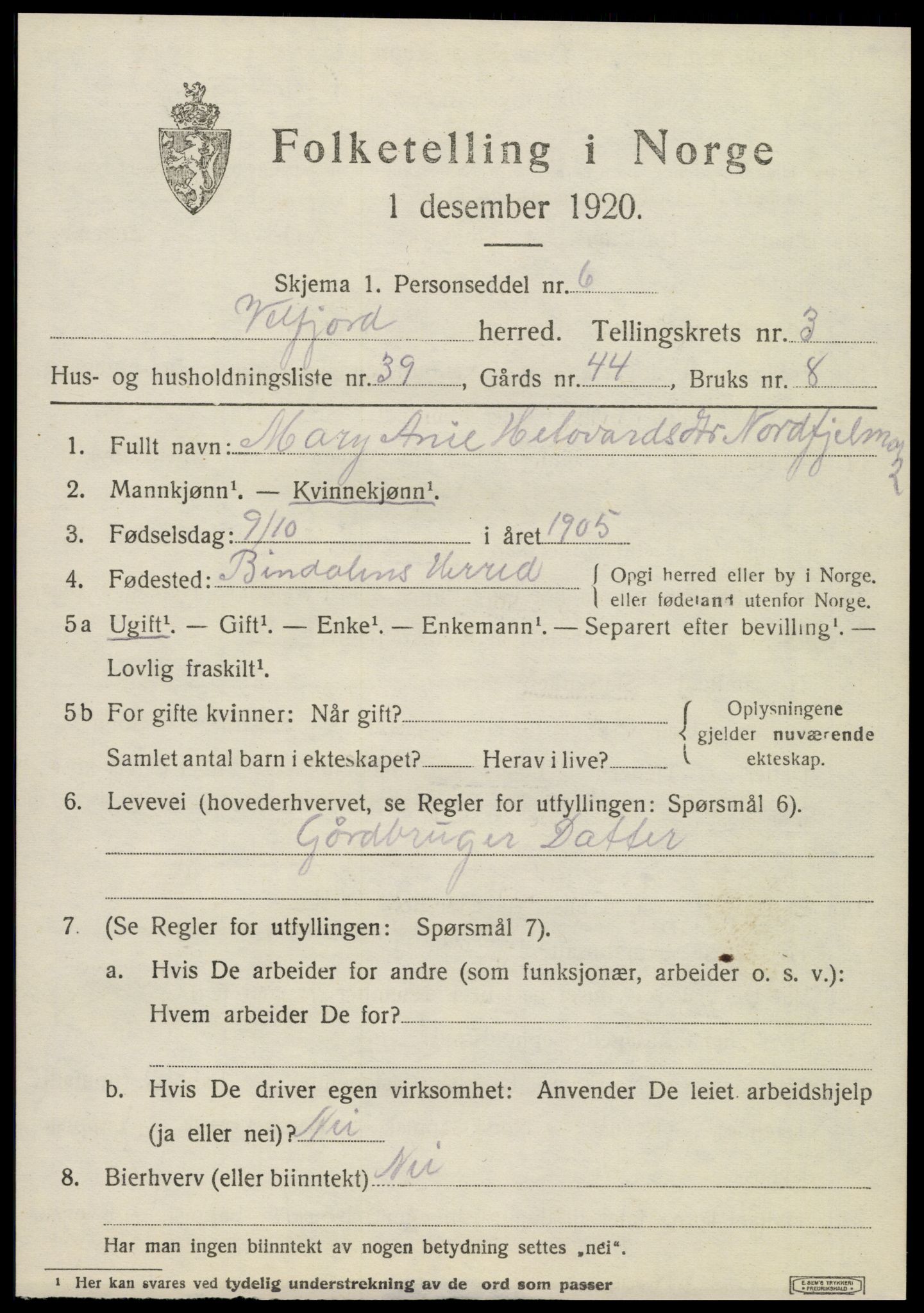 SAT, 1920 census for Velfjord, 1920, p. 2705