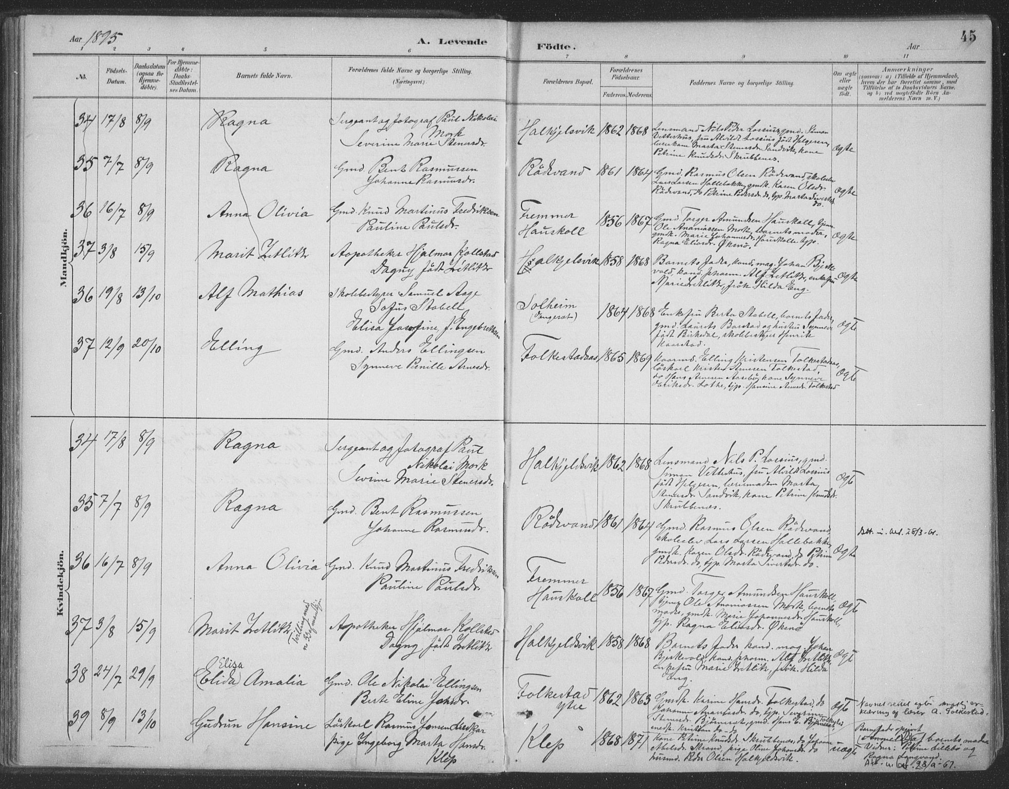 Ministerialprotokoller, klokkerbøker og fødselsregistre - Møre og Romsdal, AV/SAT-A-1454/511/L0142: Parish register (official) no. 511A09, 1891-1905, p. 45