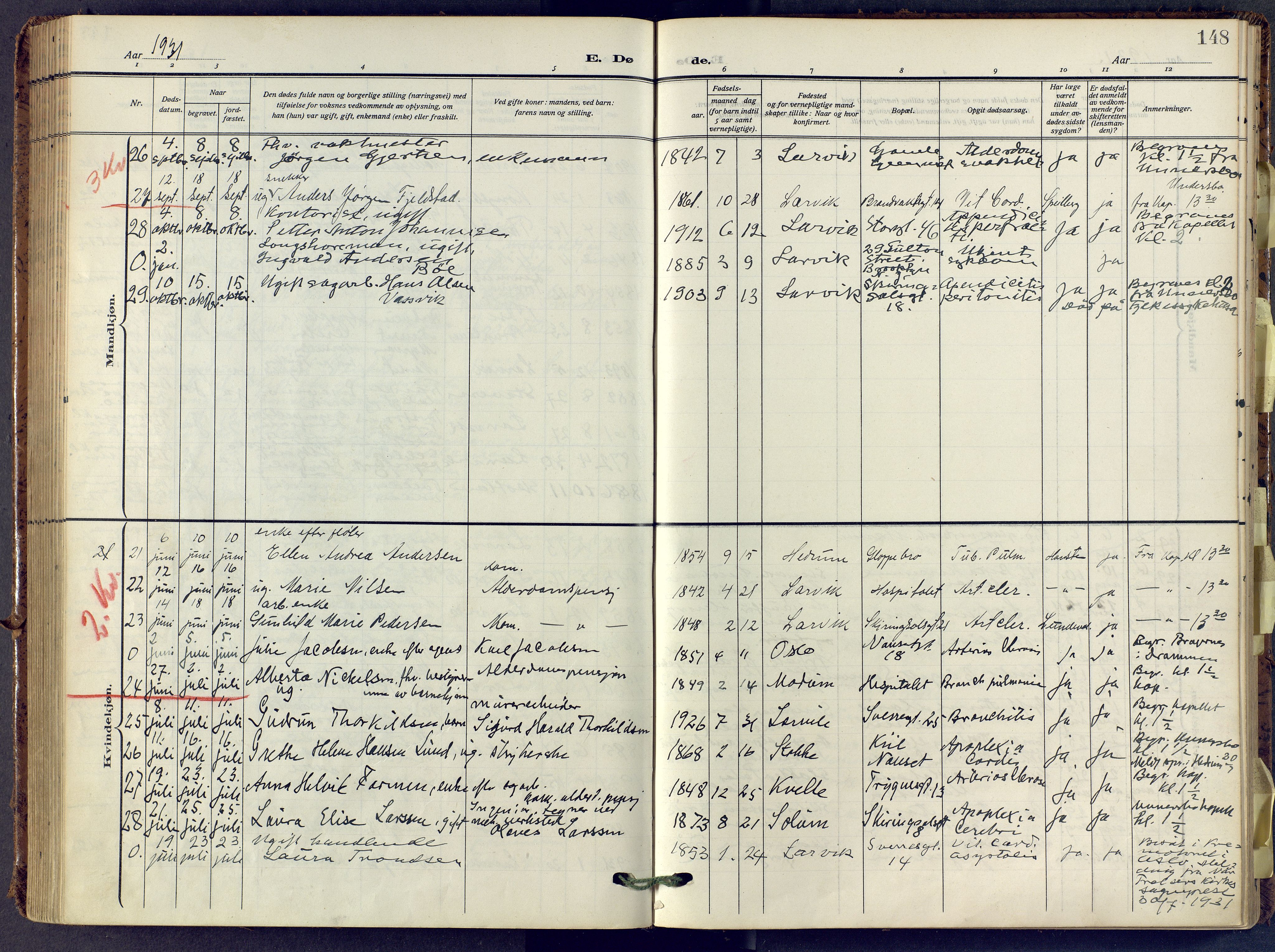 Larvik kirkebøker, AV/SAKO-A-352/F/Fa/L0013: Parish register (official) no. I 13, 1910-1960, p. 148