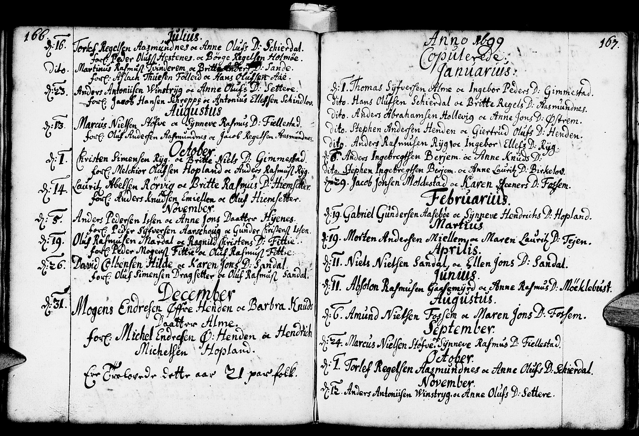 Gloppen sokneprestembete, SAB/A-80101/H/Haa/Haaa/L0001: Parish register (official) no. A 1, 1686-1711, p. 166-167