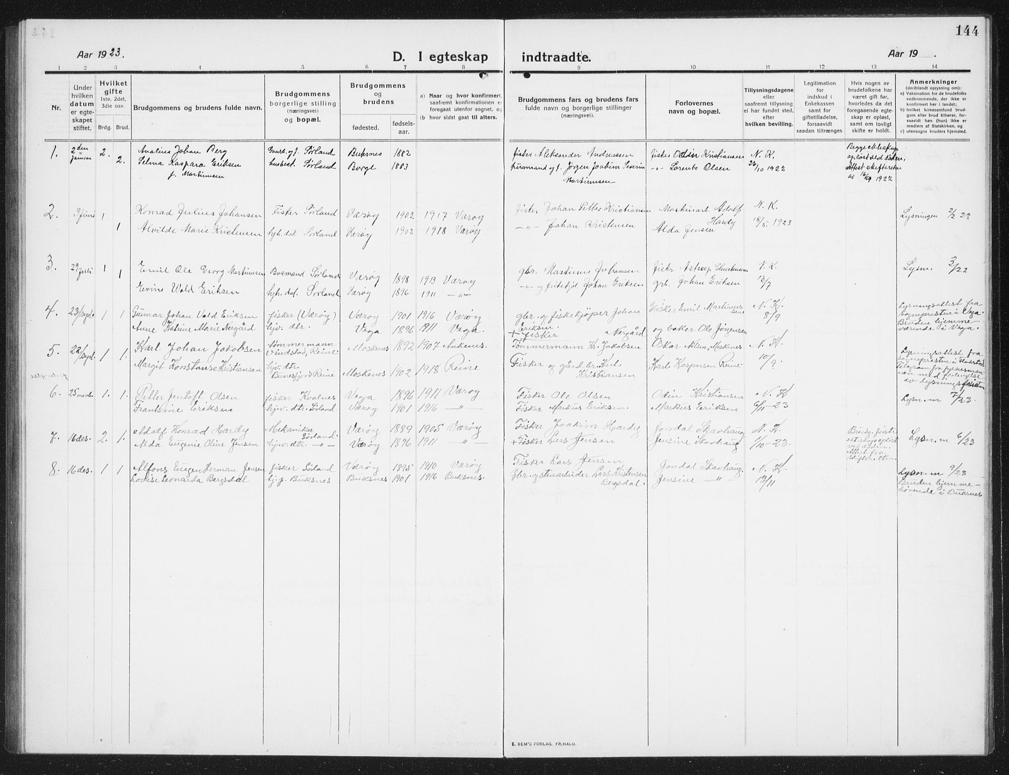 Ministerialprotokoller, klokkerbøker og fødselsregistre - Nordland, AV/SAT-A-1459/807/L0124: Parish register (copy) no. 807C02, 1910-1935, p. 144