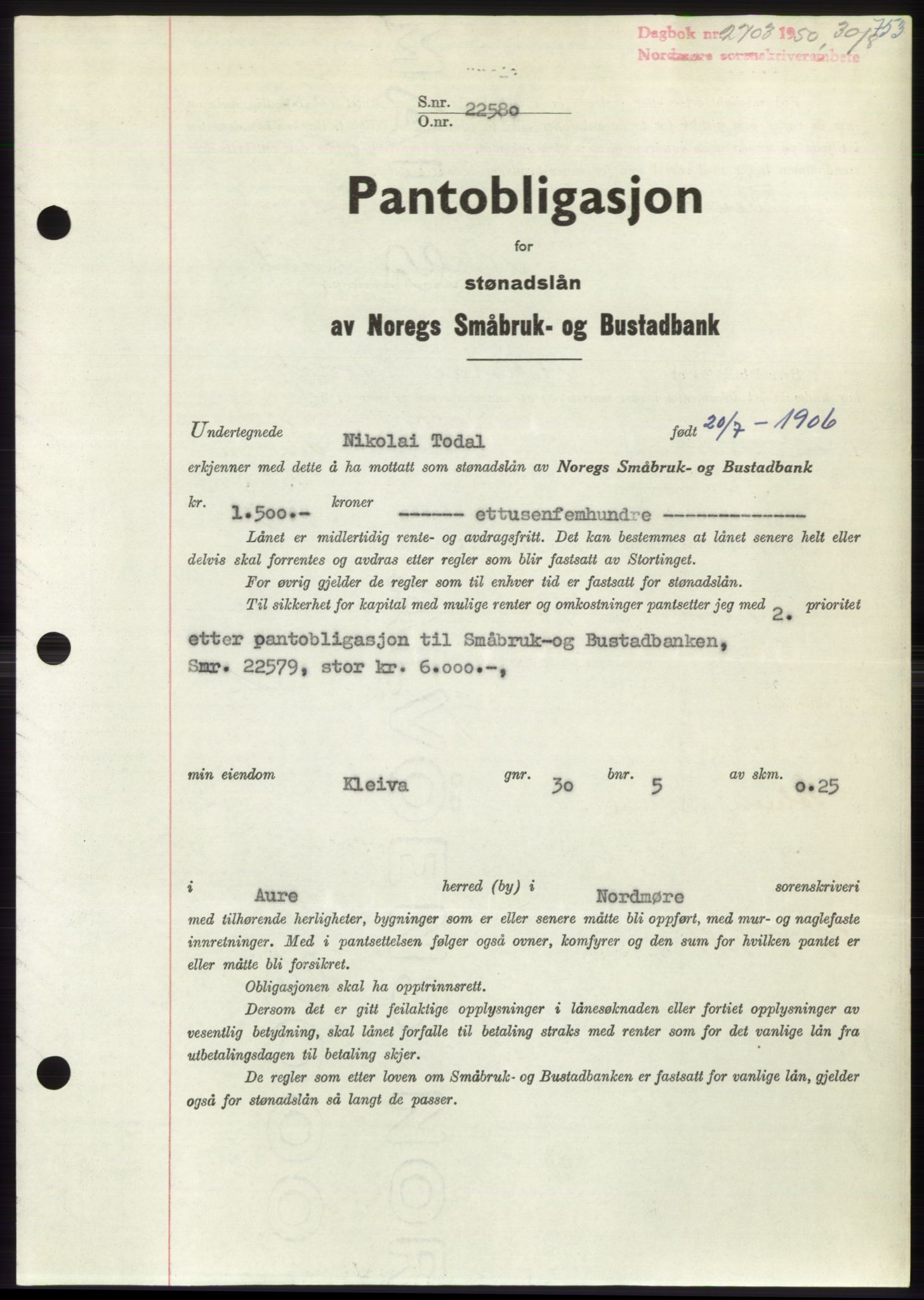 Nordmøre sorenskriveri, AV/SAT-A-4132/1/2/2Ca: Mortgage book no. B105, 1950-1950, Diary no: : 2703/1950