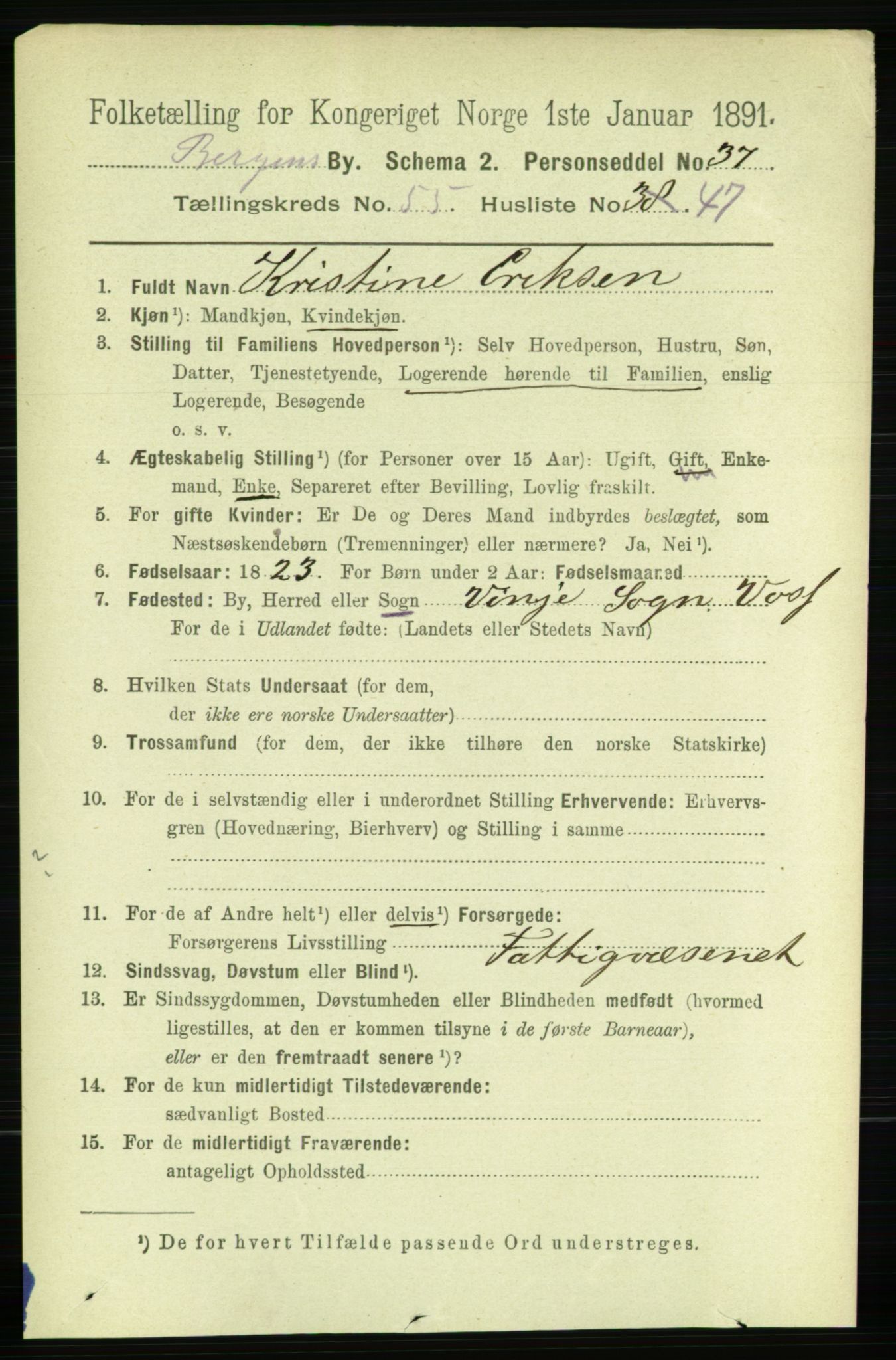 RA, 1891 Census for 1301 Bergen, 1891, p. 64409