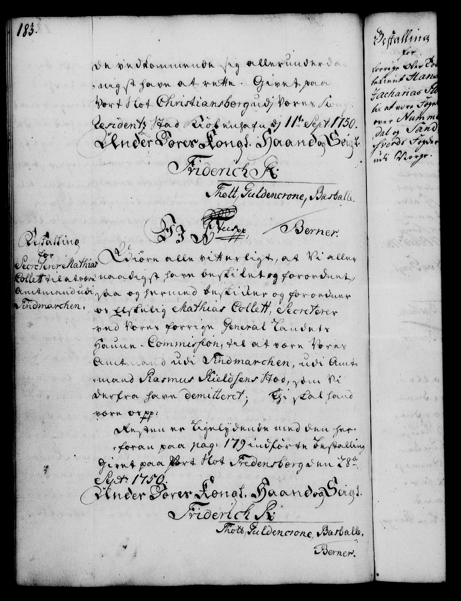 Rentekammeret, Kammerkanselliet, AV/RA-EA-3111/G/Gg/Gge/L0003: Norsk bestallingsprotokoll med register (merket RK 53.27), 1745-1761, p. 183