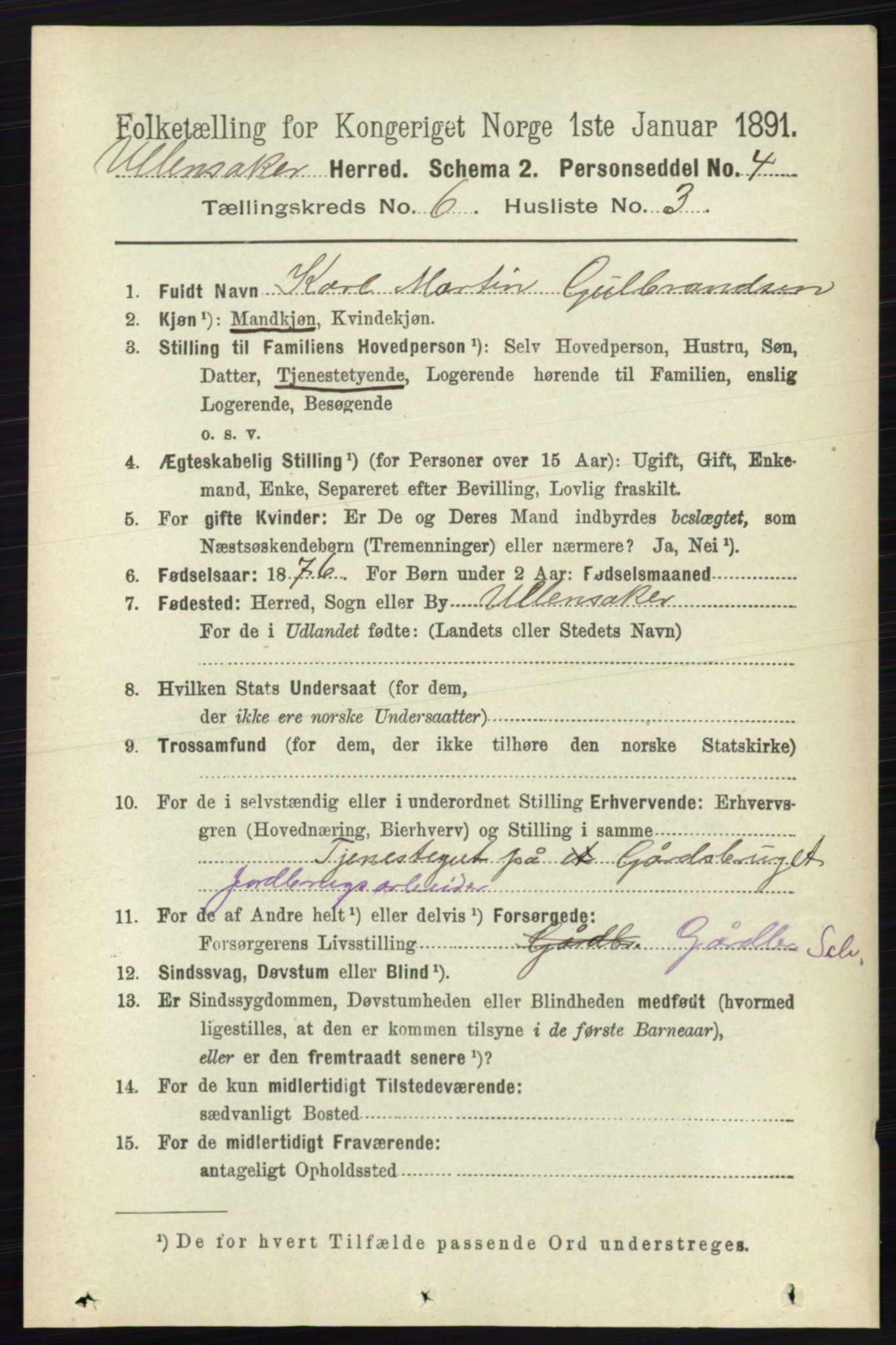 RA, 1891 census for 0235 Ullensaker, 1891, p. 2543
