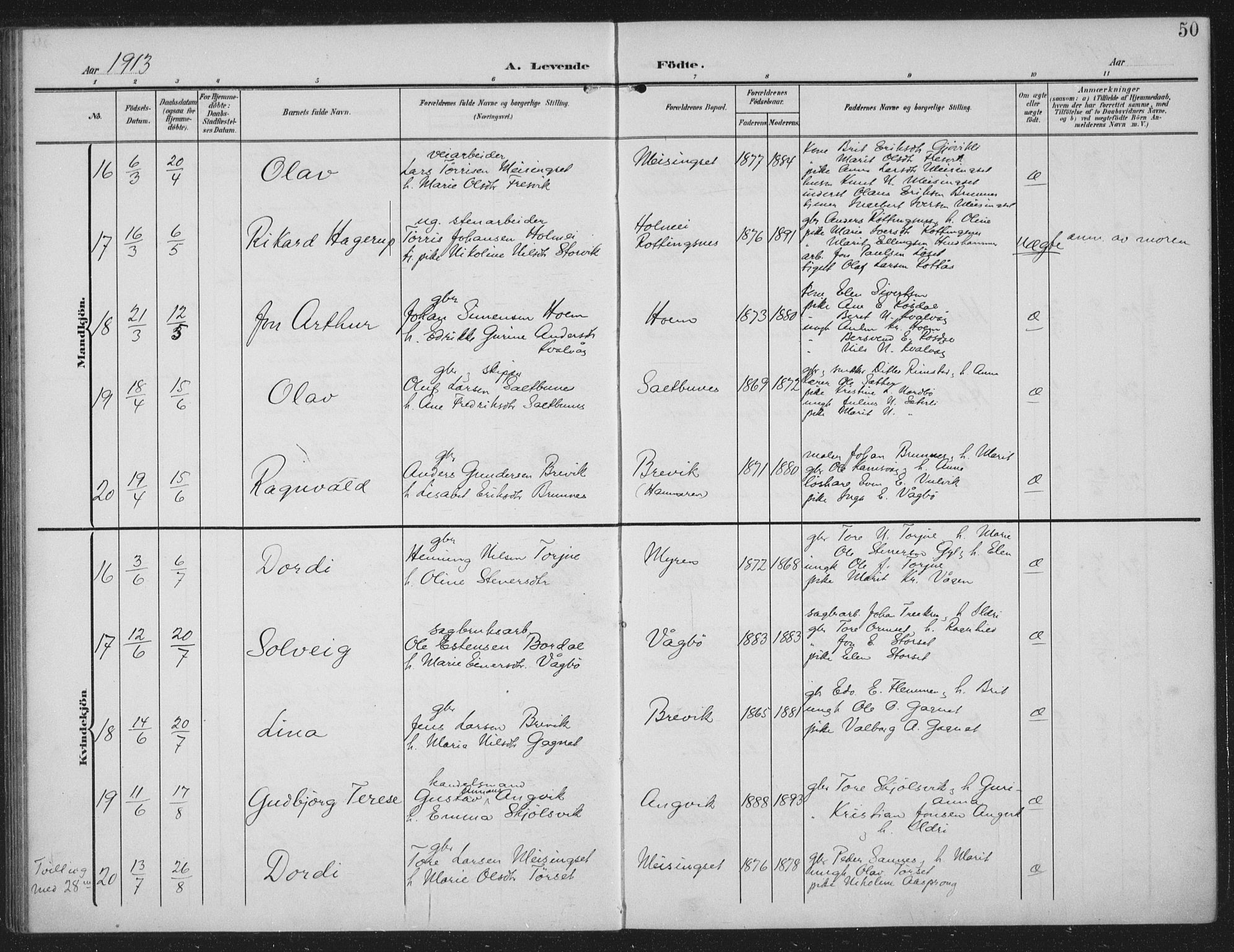 Ministerialprotokoller, klokkerbøker og fødselsregistre - Møre og Romsdal, AV/SAT-A-1454/586/L0989: Parish register (official) no. 586A15, 1906-1915, p. 50