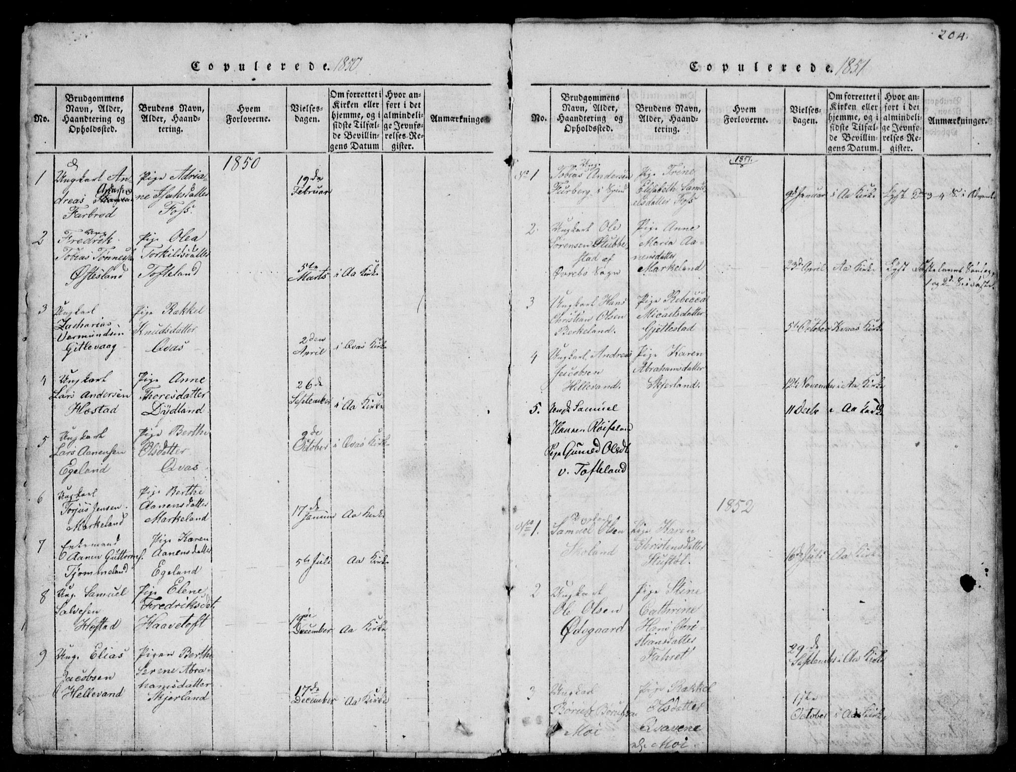 Lyngdal sokneprestkontor, AV/SAK-1111-0029/F/Fb/Fbb/L0001: Parish register (copy) no. B 1, 1816-1900, p. 204