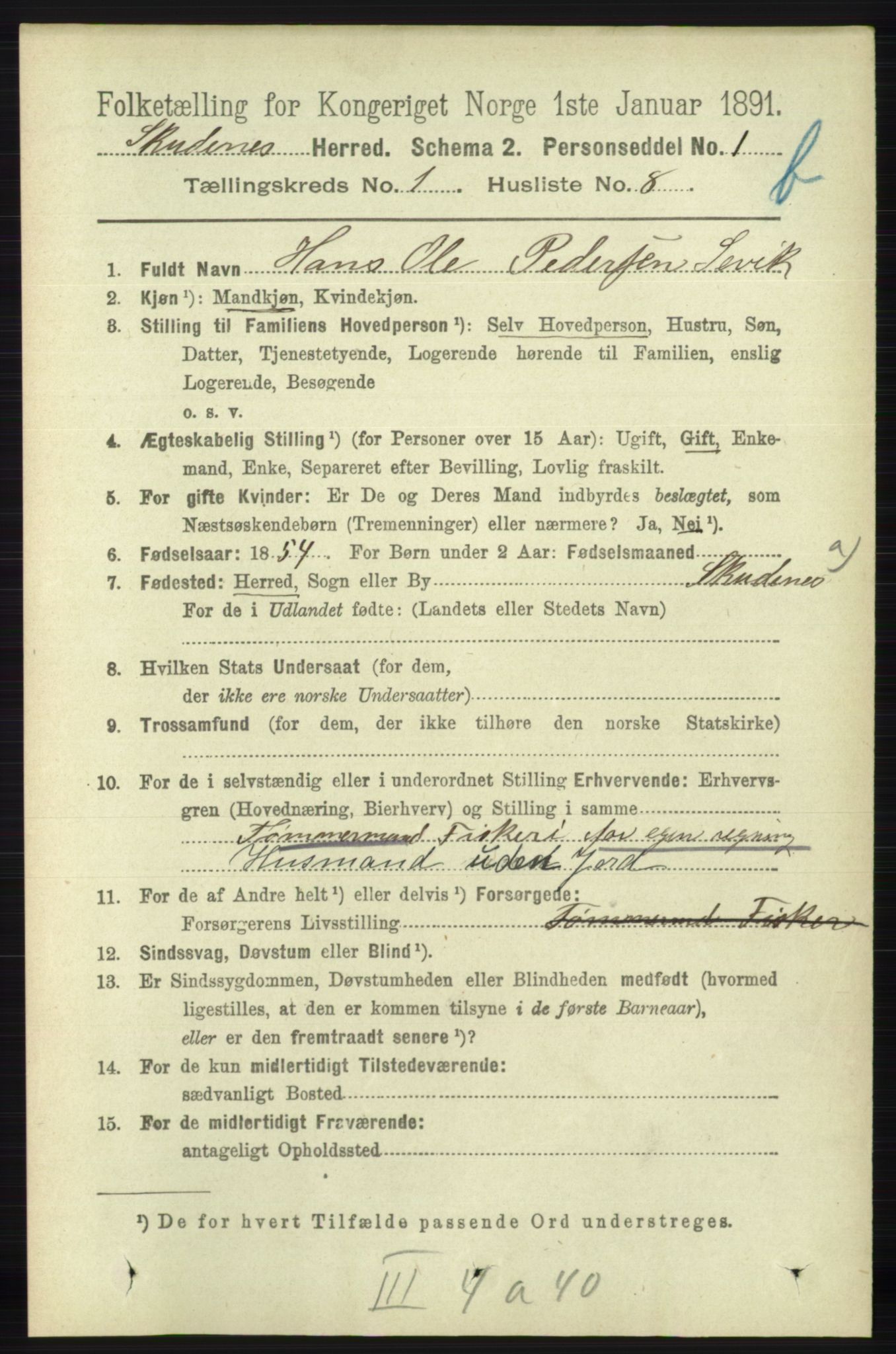 RA, 1891 census for 1150 Skudenes, 1891, p. 3442