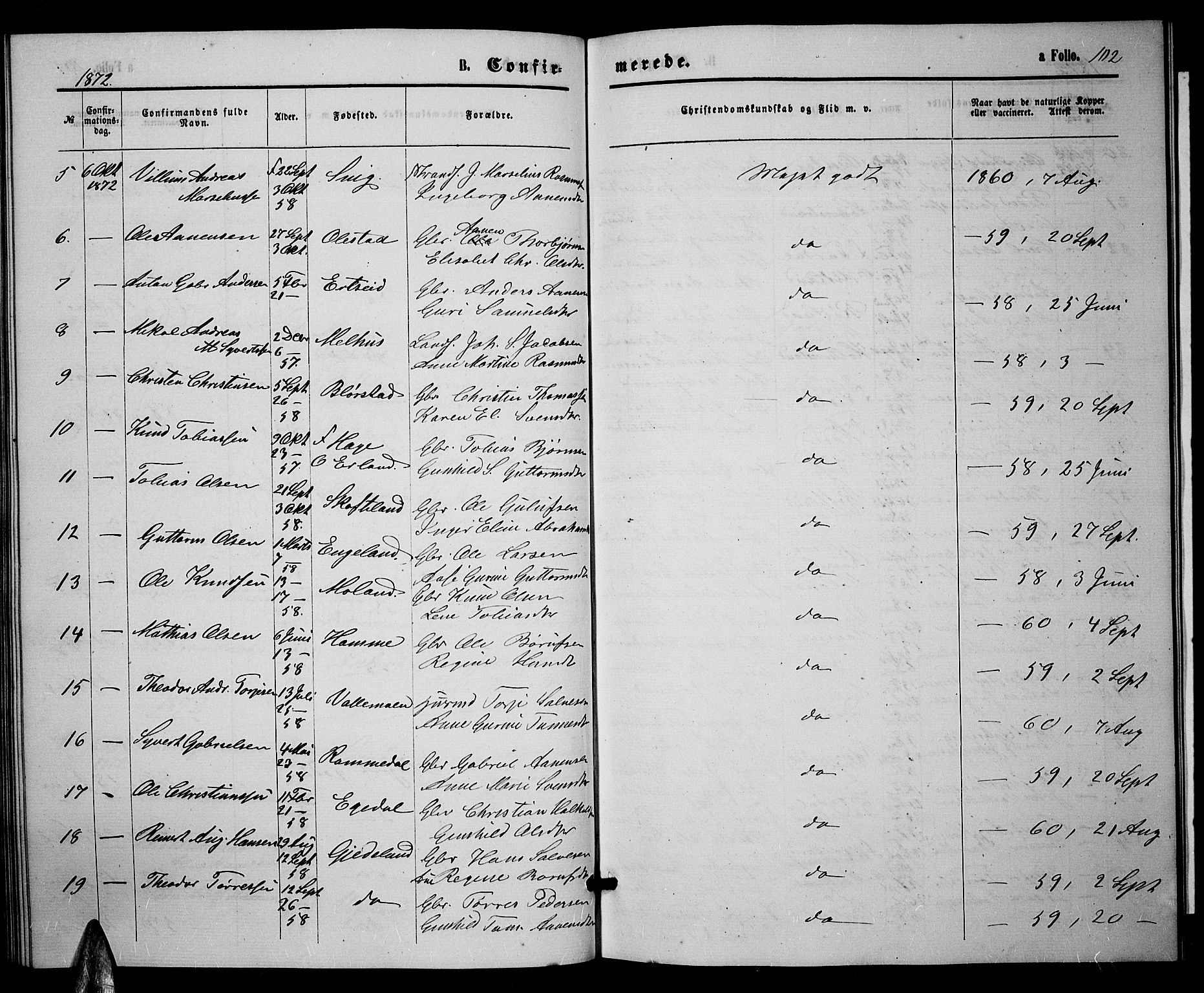 Sør-Audnedal sokneprestkontor, AV/SAK-1111-0039/F/Fb/Fbb/L0004: Parish register (copy) no. B 4, 1868-1879, p. 102