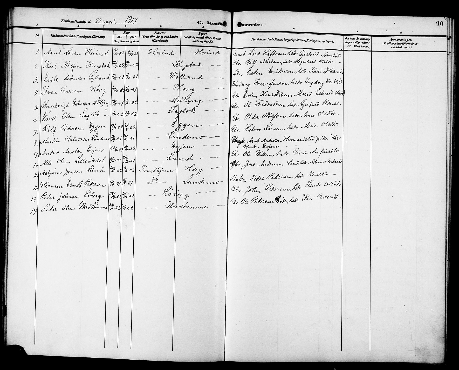 Ministerialprotokoller, klokkerbøker og fødselsregistre - Sør-Trøndelag, SAT/A-1456/692/L1112: Parish register (copy) no. 692C07, 1904-1918, p. 90
