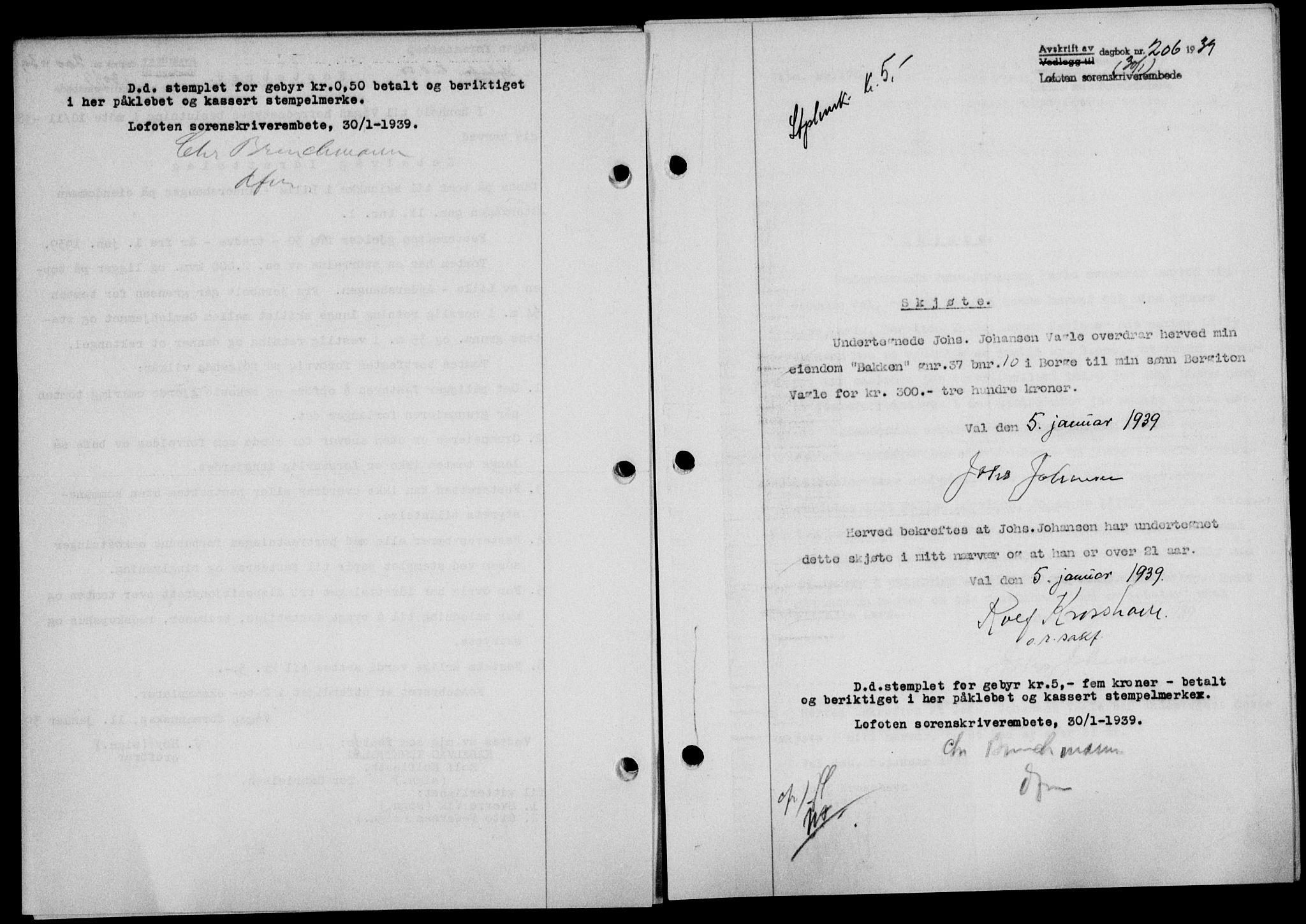 Lofoten sorenskriveri, SAT/A-0017/1/2/2C/L0005a: Mortgage book no. 5a, 1939-1939, Diary no: : 206/1939