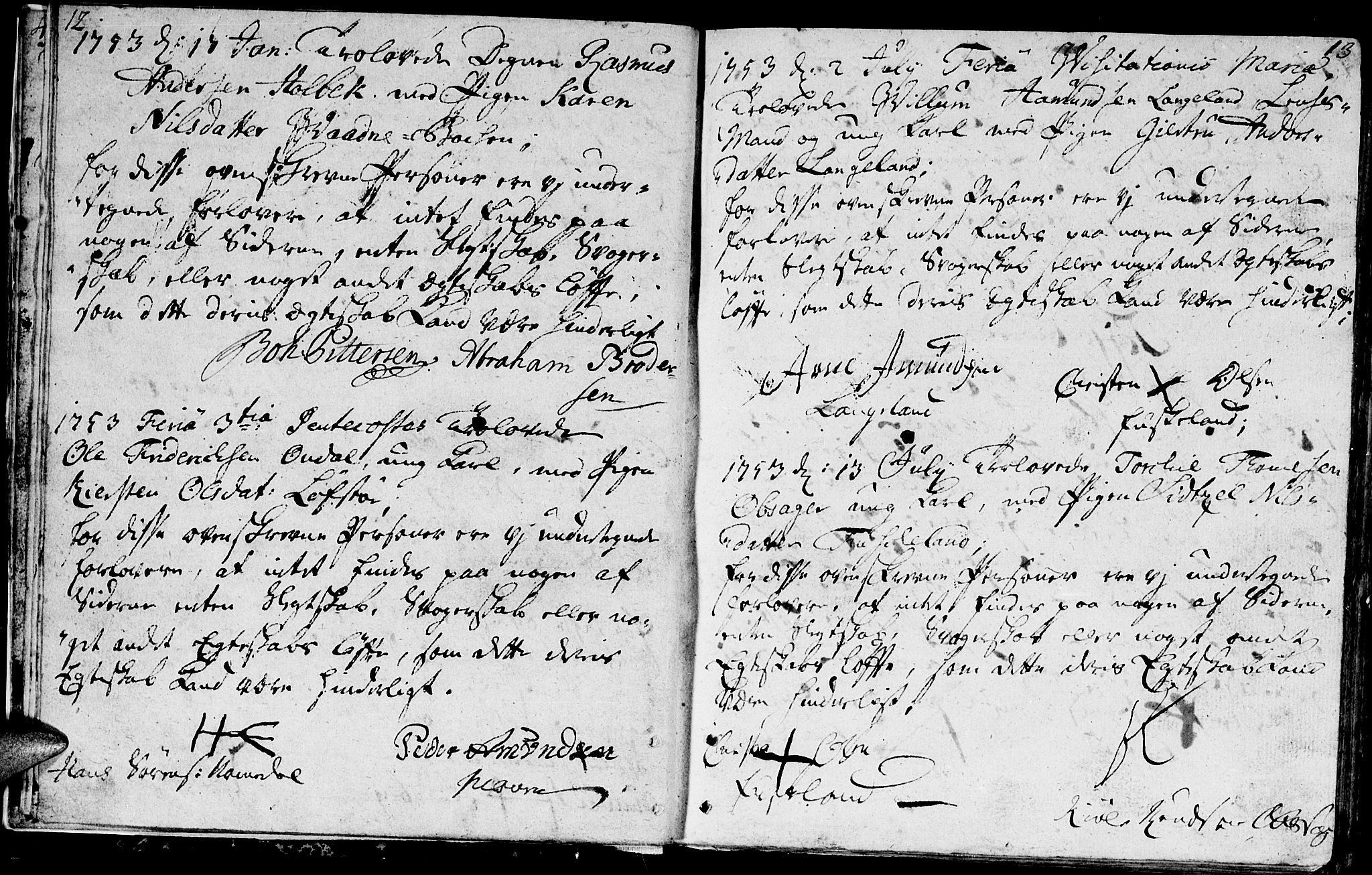 Holum sokneprestkontor, SAK/1111-0022/F/Fa/Faa/L0001: Parish register (official) no. A 1, 1750-1802, p. 12-13