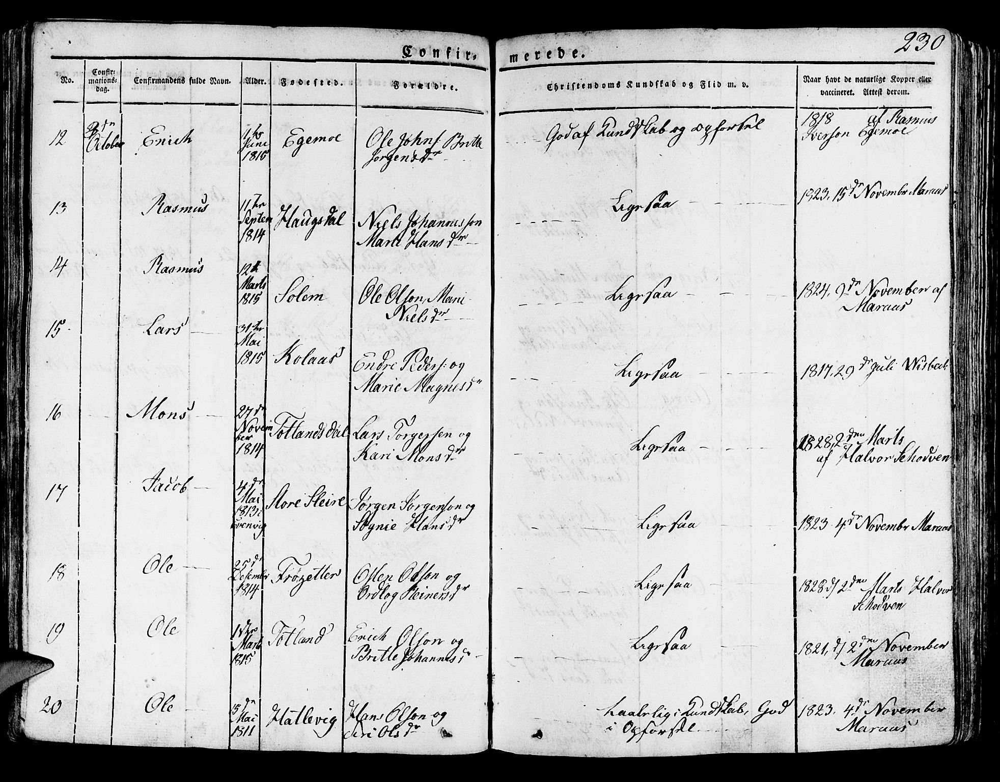 Lindås Sokneprestembete, AV/SAB-A-76701/H/Haa/Haaa/L0008: Parish register (official) no. A 8, 1823-1836, p. 230