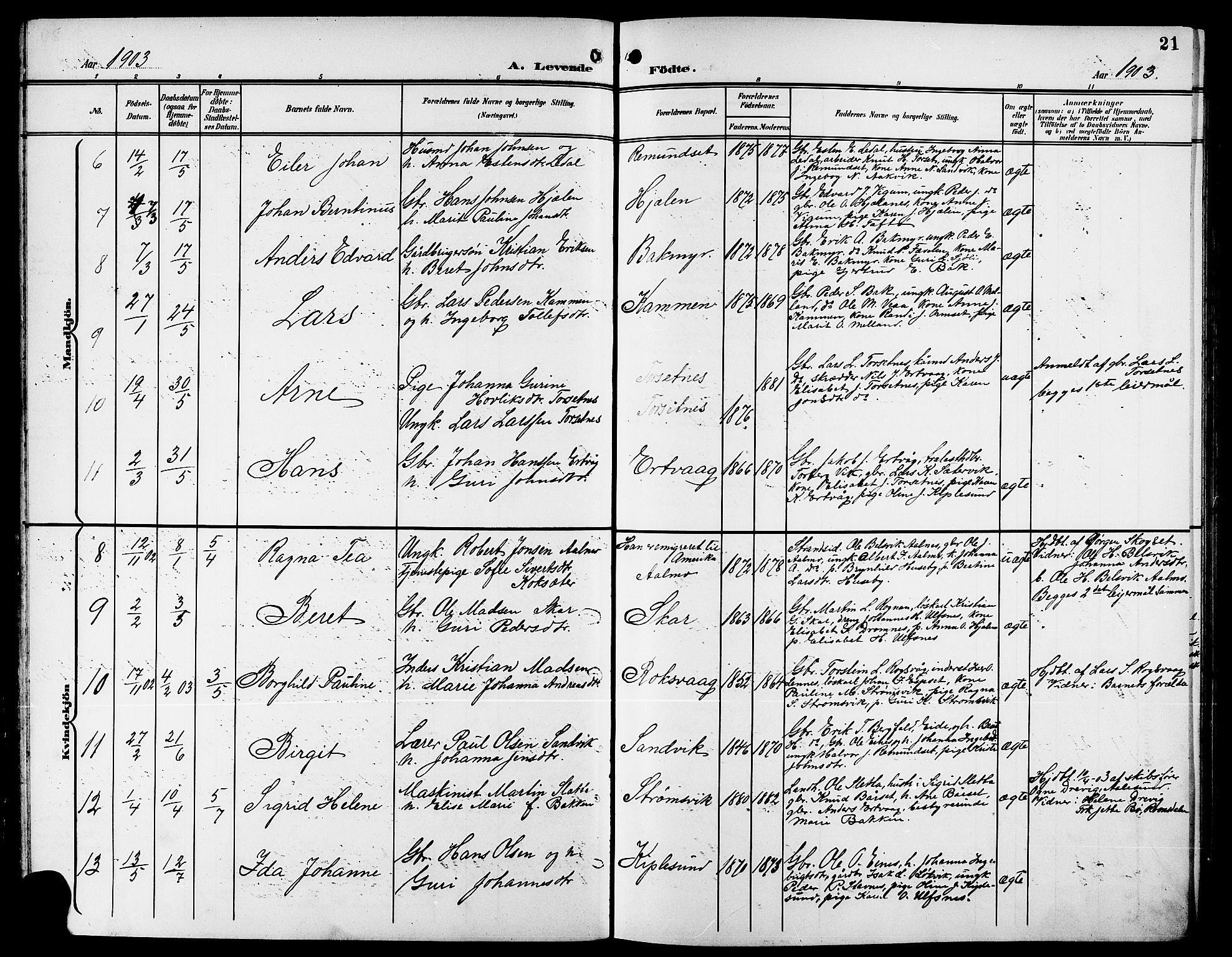 Ministerialprotokoller, klokkerbøker og fødselsregistre - Møre og Romsdal, AV/SAT-A-1454/578/L0910: Parish register (copy) no. 578C03, 1900-1921, p. 21