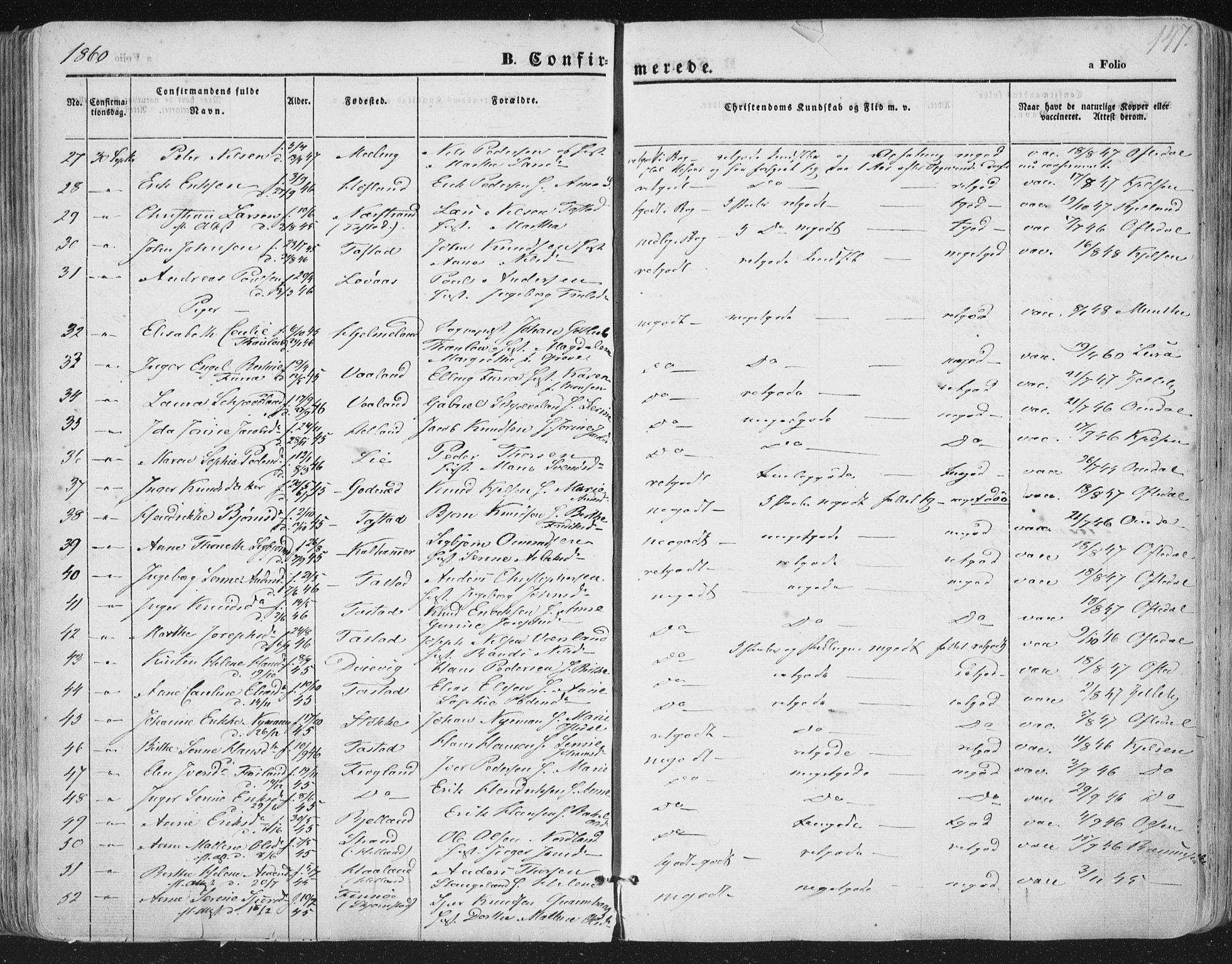 Hetland sokneprestkontor, AV/SAST-A-101826/30/30BA/L0002: Parish register (official) no. A 2, 1849-1869, p. 147