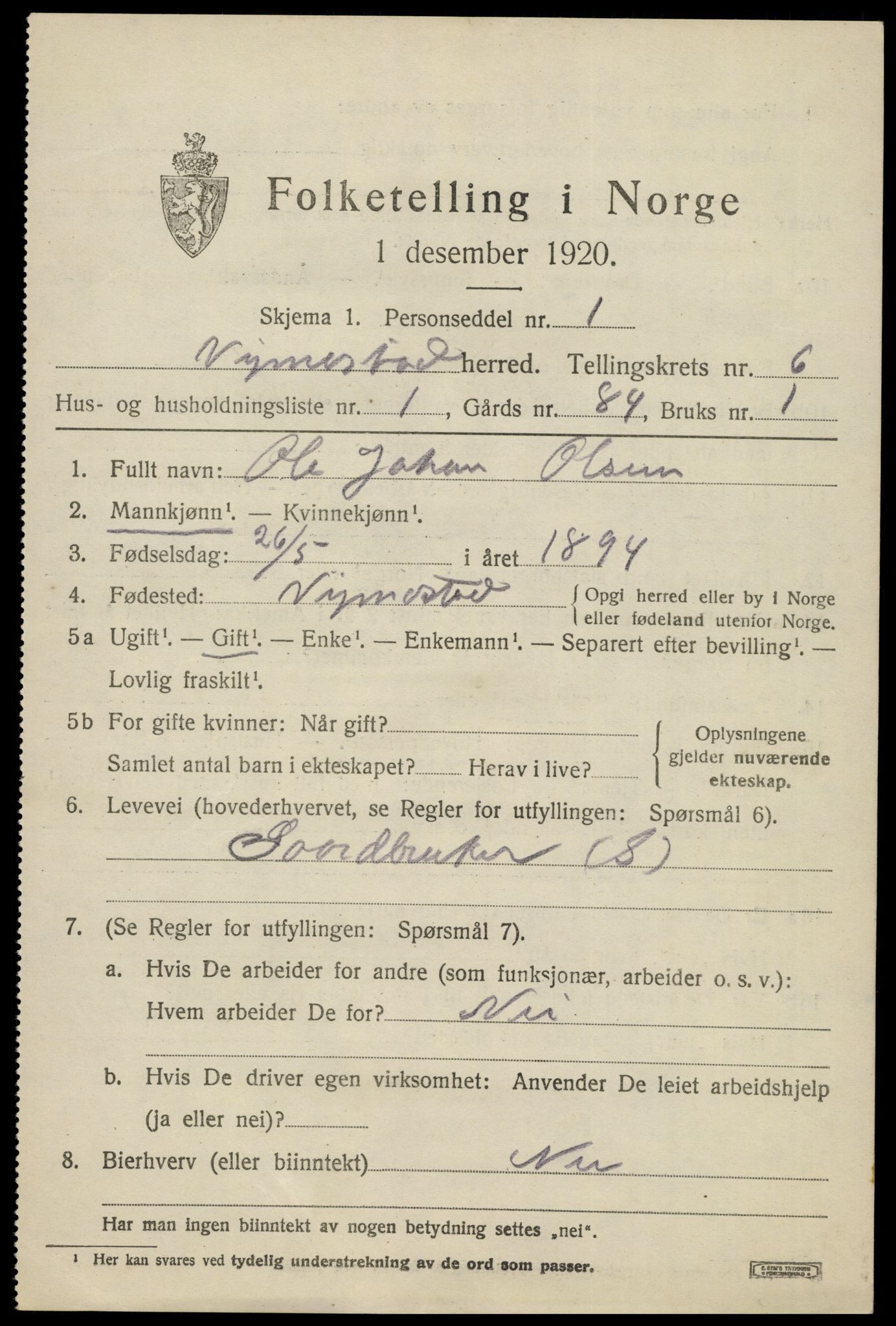 SAK, 1920 census for Vigmostad, 1920, p. 1945