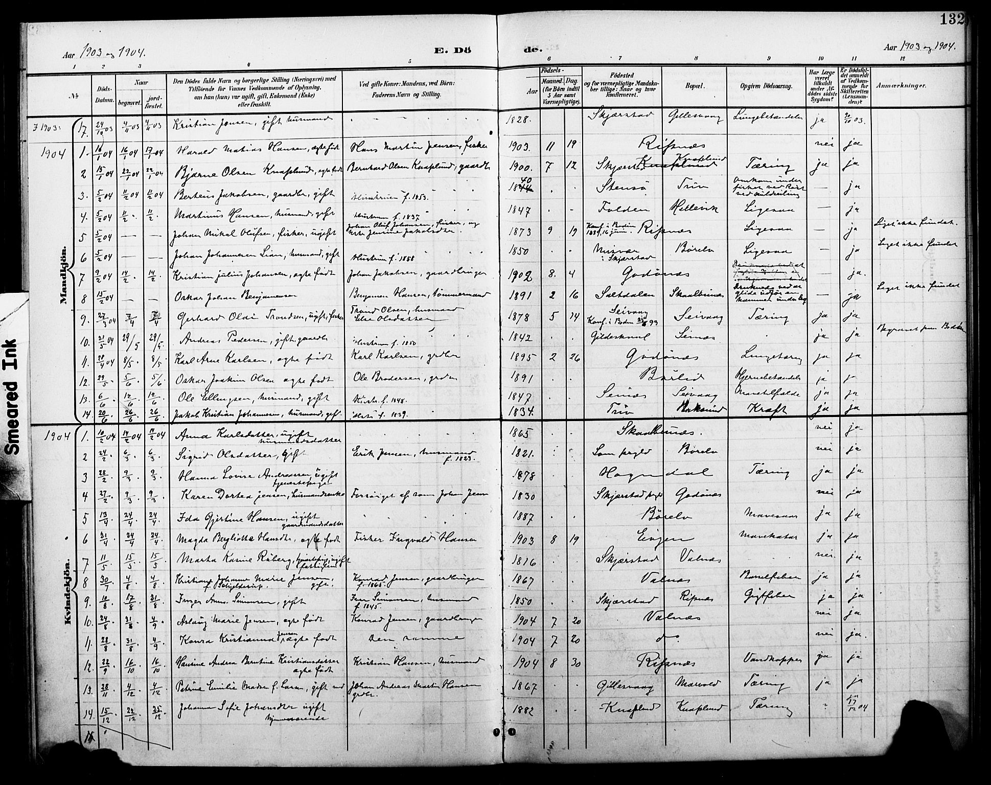 Ministerialprotokoller, klokkerbøker og fødselsregistre - Nordland, SAT/A-1459/804/L0088: Parish register (copy) no. 804C01, 1901-1917, p. 132