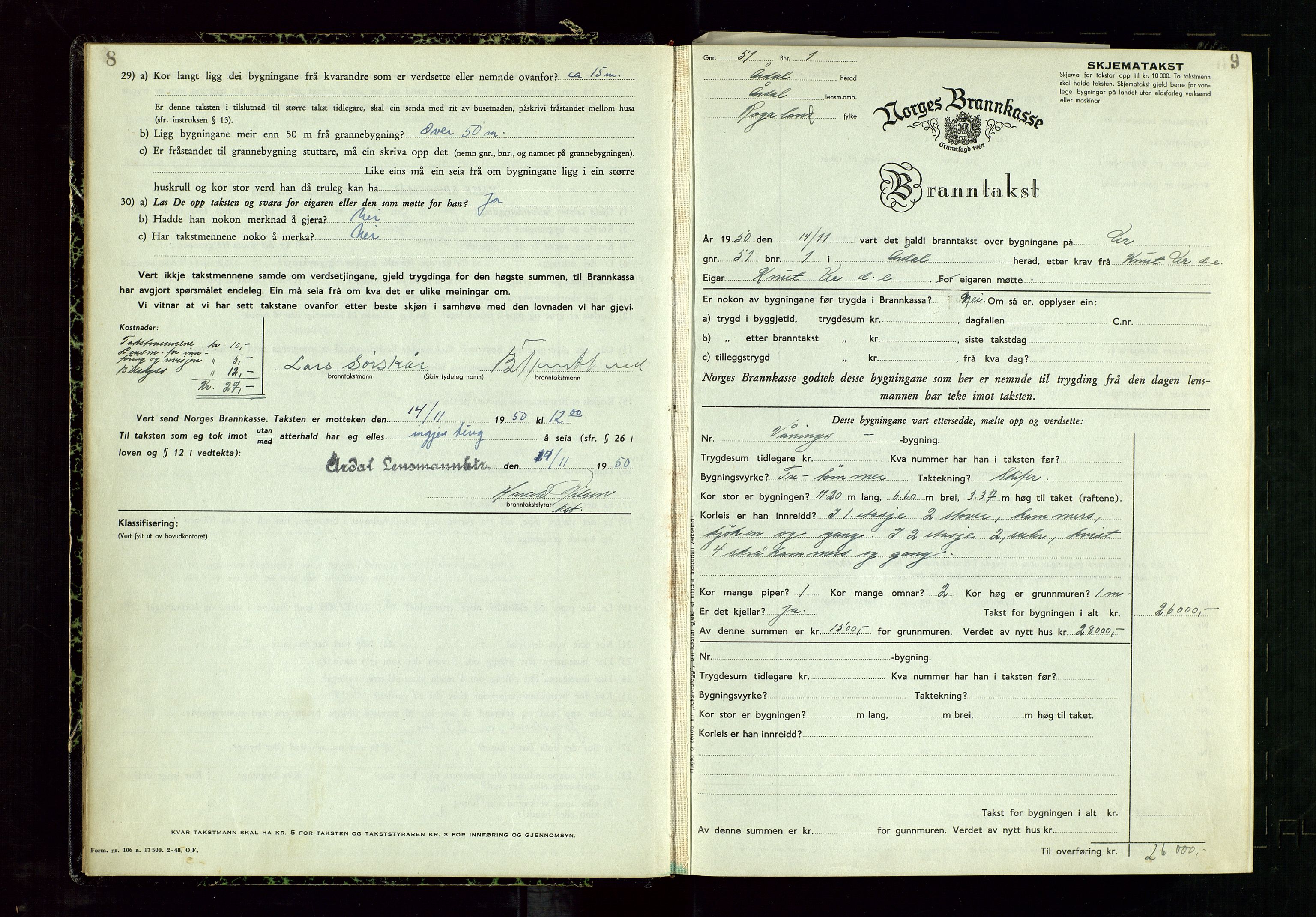 Årdal lensmannskontor, AV/SAST-A-100453/Gob/L0002: "Brandtaxationsprotokol", 1950-1955, p. 8-9